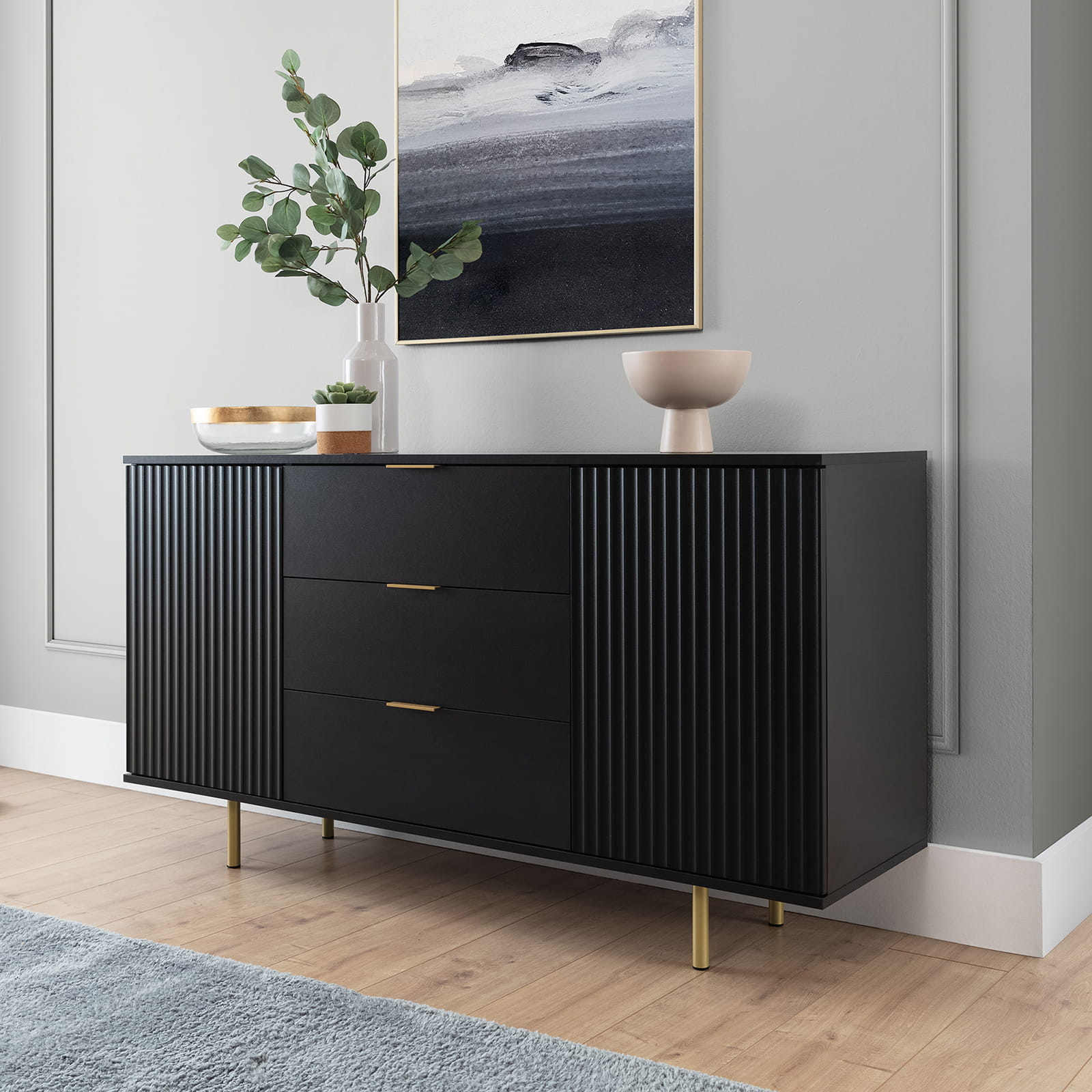 VENETI STELLA breite Kommode - schwarz / gold 012-10-00082