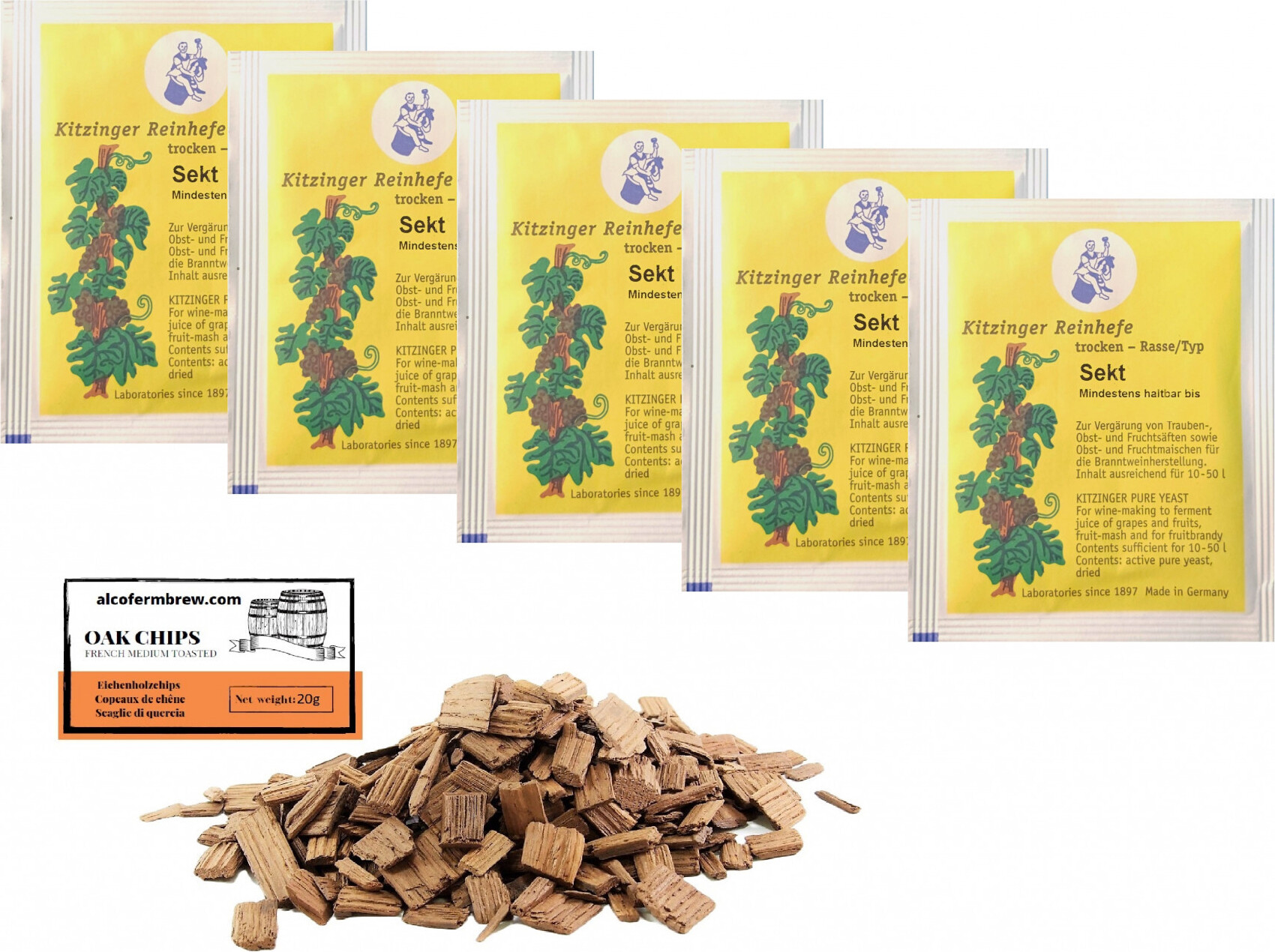 Alcofermbrew 5 x Kitzinger Weinhefe - CHAMPAGNE / SEKT + Französische Eichenchips 20g, Trockenhefe, Kitzinger