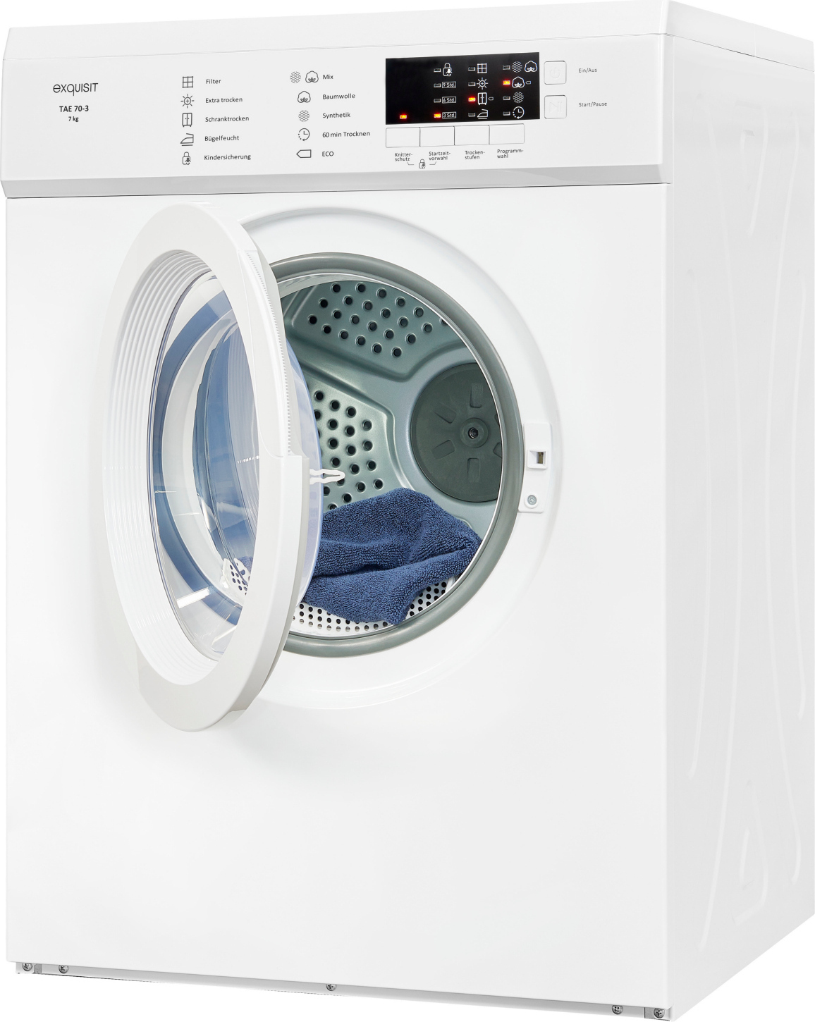 Exquisit Ablufttrockner 7 kg, Energieklasse G, kompakt, 8 Programme, Startzeitvorwahl, Kindersicherung, Flusenfilter, TAE 70-3 weiß