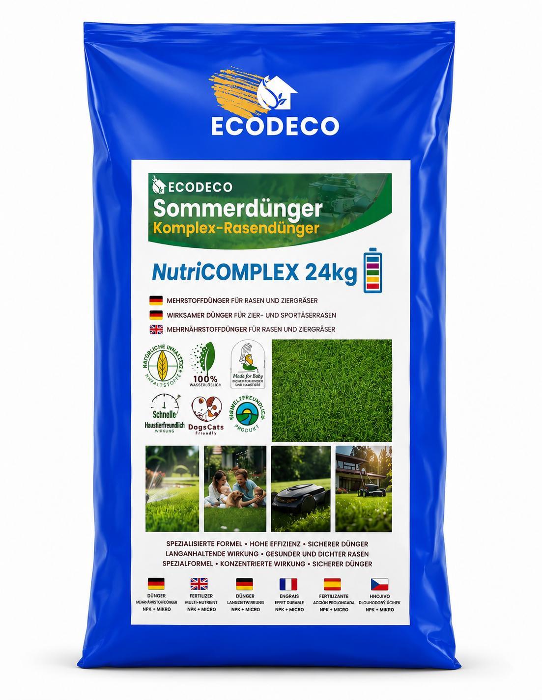 EcoDeco Rasendünger NPK 18-16-24 mit Eisen und Mikroelementen, Dünger für Rasen, Granulat mit MatrixGranulate, 24 kg für bis zu 1000 m²