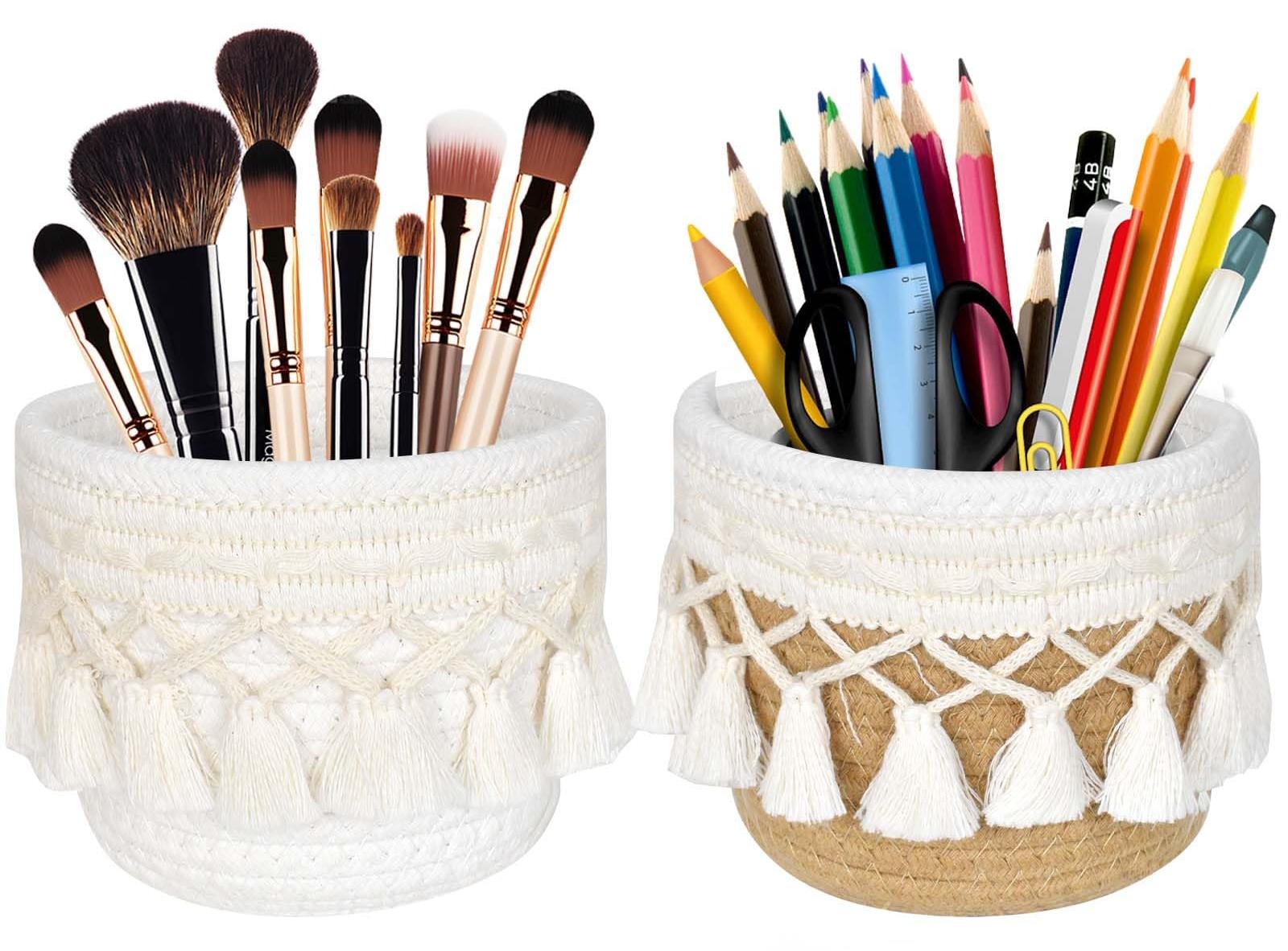 Markenlos 2-teiliges Pinselhalter-Set, kleiner geflochtener Aufbewahrungskorb, Boho-Kosmetikpinselhalter, Boho-Make-up-Pinselhalter, geflochtener Kosmetikorganizer für Make-up-Pinsel, Stiftehalter, Eyeliner
