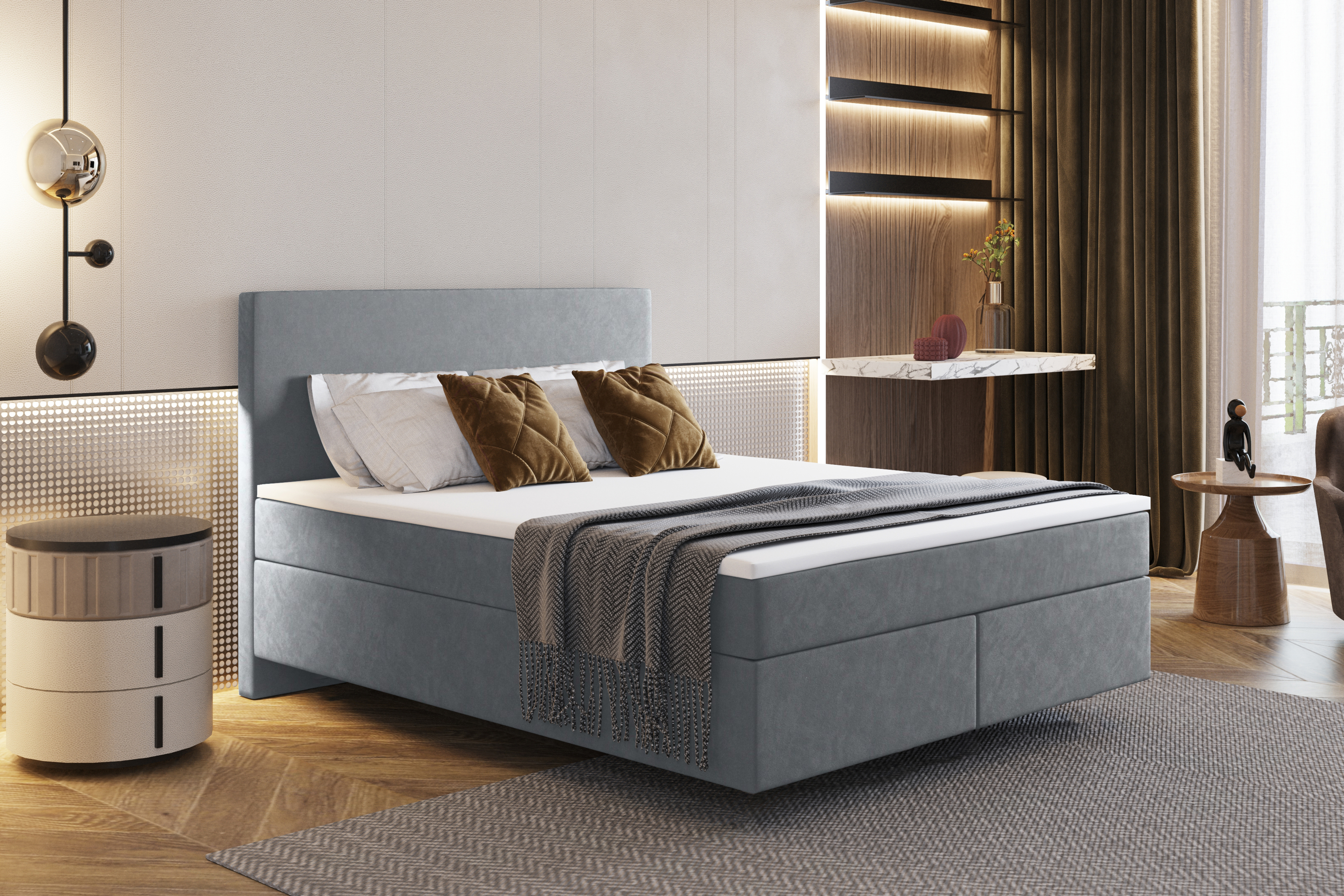 Box spring posteľ s dvoma matracmi a topperom SEVI fabric Monolith Silver 180 cm x 200 cm