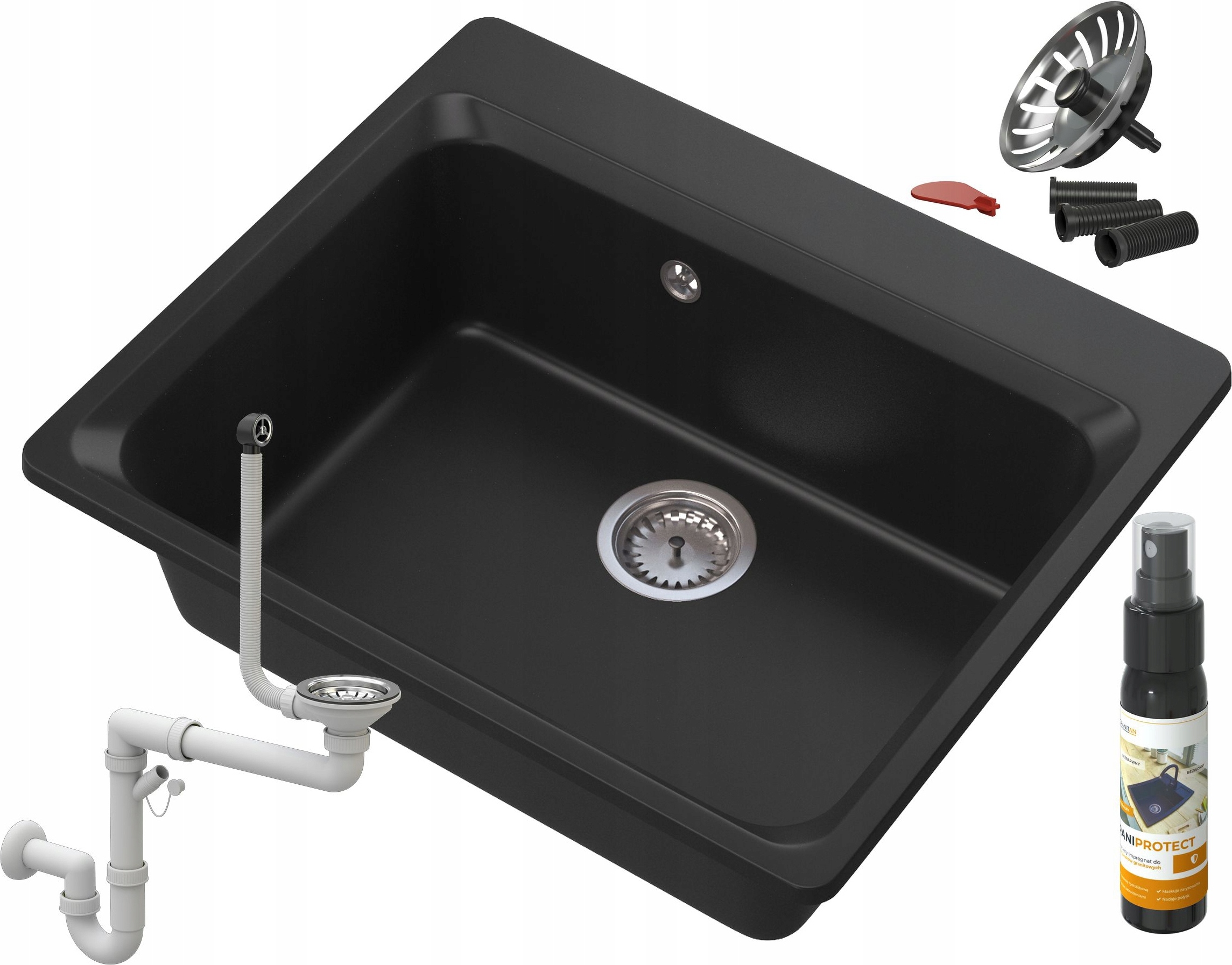 Granitar Granitan | Granitspüle ZANTE - 619 x 522 mm - Schwarz - Einbau mit Syphon und Pflegeprodukt
