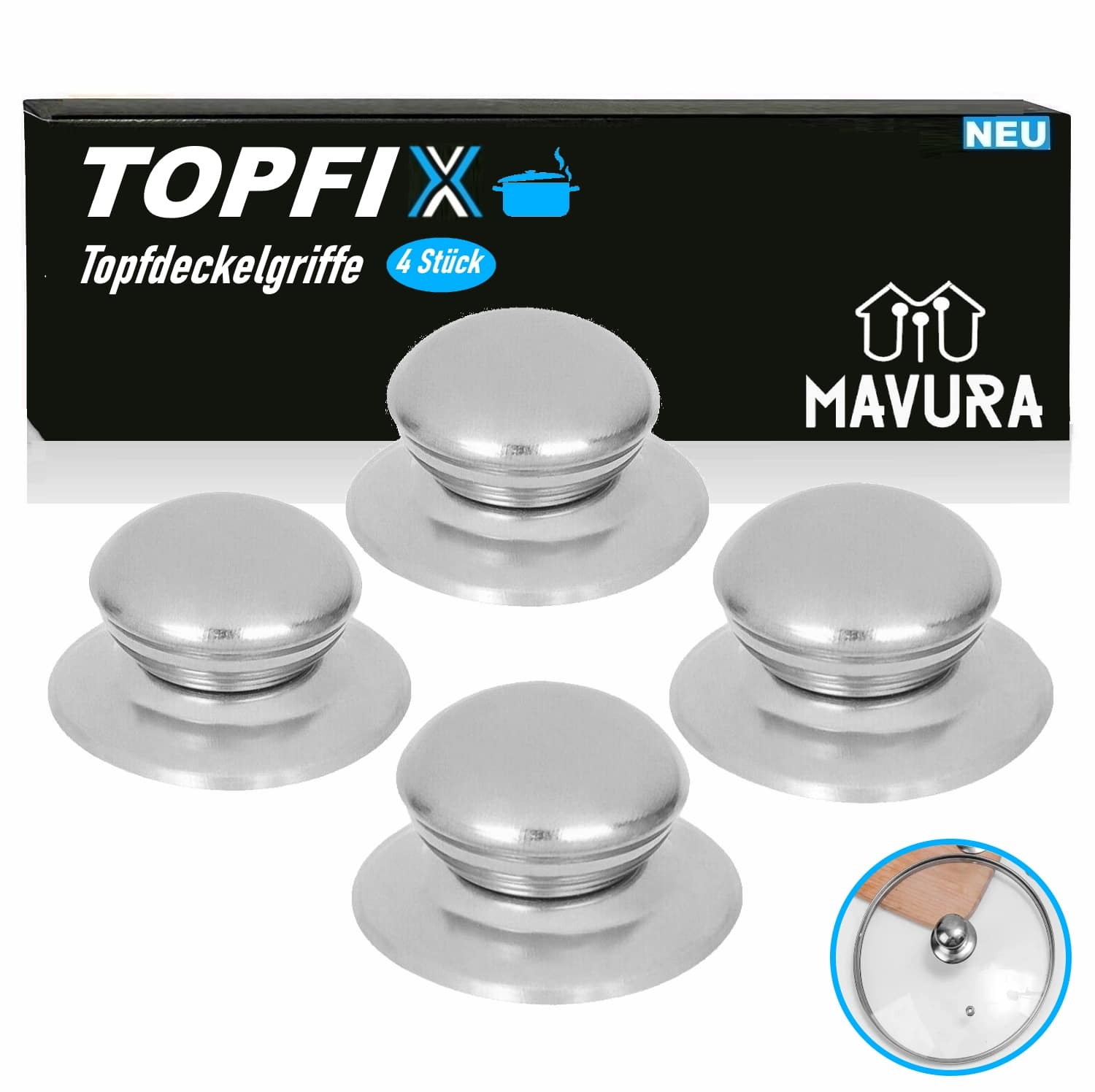 MAVURA TOPFIX Edelstahl Topfdeckelgriffe Ersatzgriffe Griff Topfdeckel Pfannendeckel Topf Knauf Ersatz Topfdeckenknopf Deckelgriffe [4er Set] A584