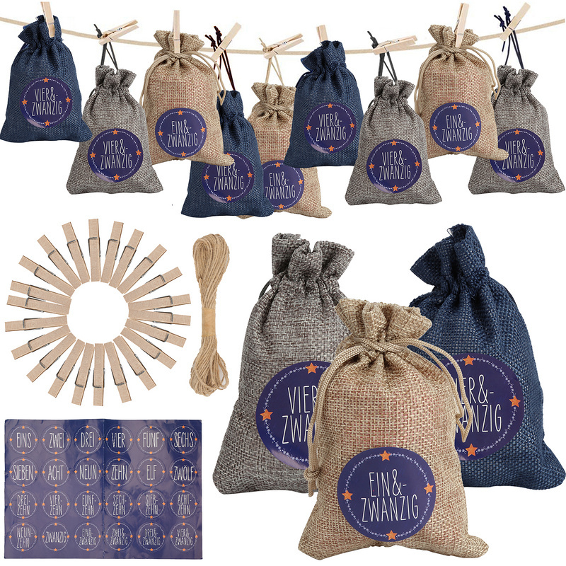 Jopassy 24 adventných kalendárov na plnenie, látkové vrecká darčekové vrecúška Vianoce pre vianočné kalendáre, adventné kalendáre s 1-24 adventnými číslami darčekové štítky, modré / biele / sivé