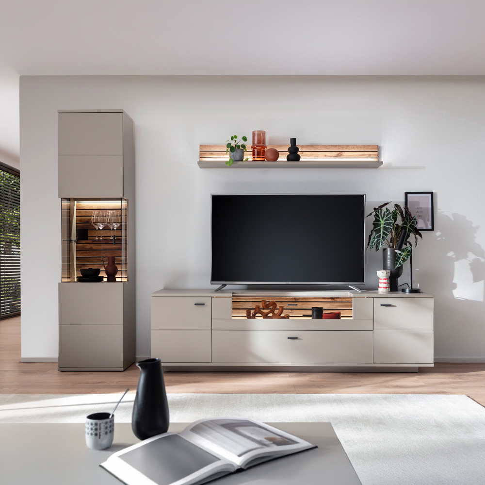 Lomadox Wohnwand 3-teilig LIEZEN-05 in grau mit Eiche inkl. Beleuchtung LA05-LIEZEN-05-SET21