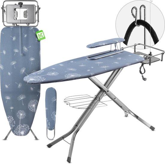 Famanu Bügelbrett mit Steckdose, 130 x 48 cm, Dampfbügelbrett mit Bügeleisenablage und Ärmelsupport, klappbar, dunkelblau