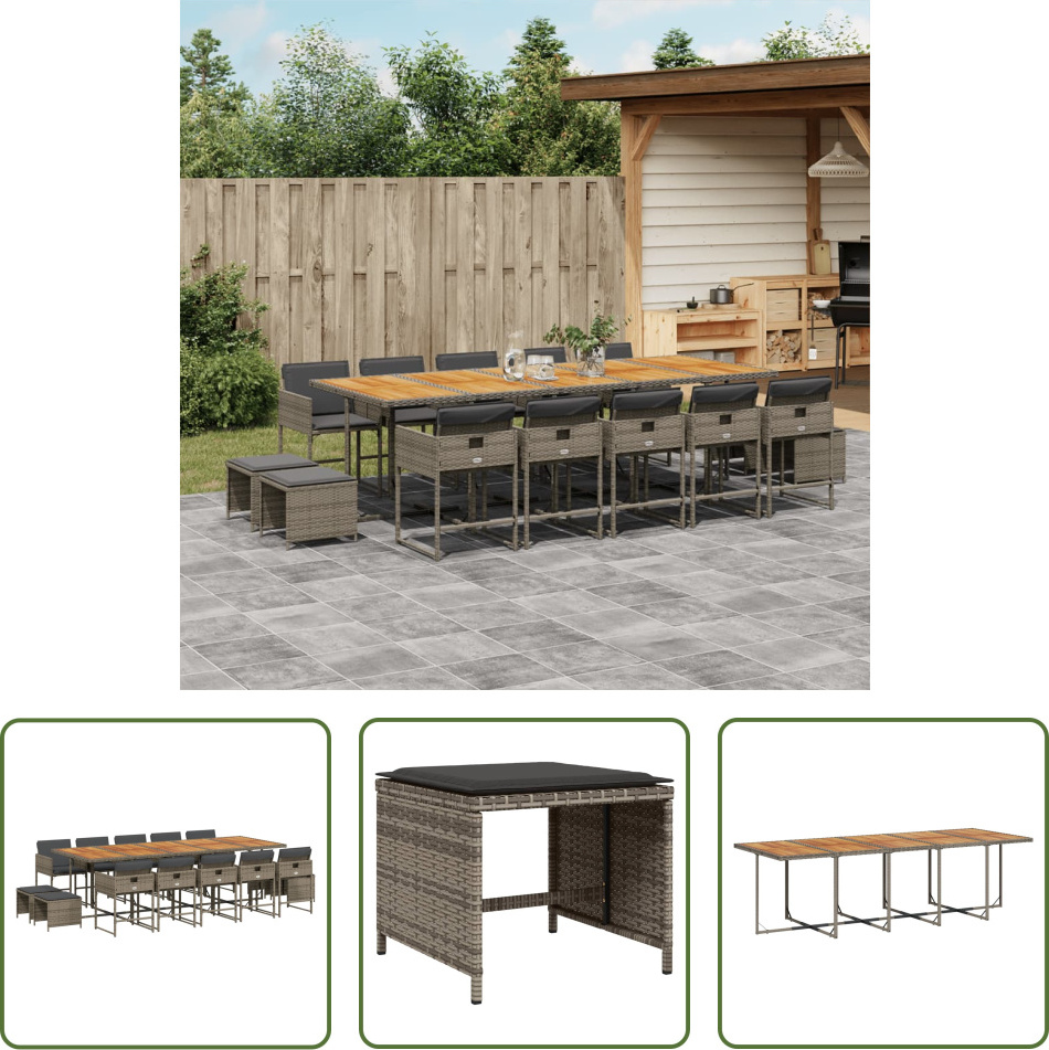 The Living Store 15-dielny záhradný jedálenský set s vankúšmi sivý polyratan