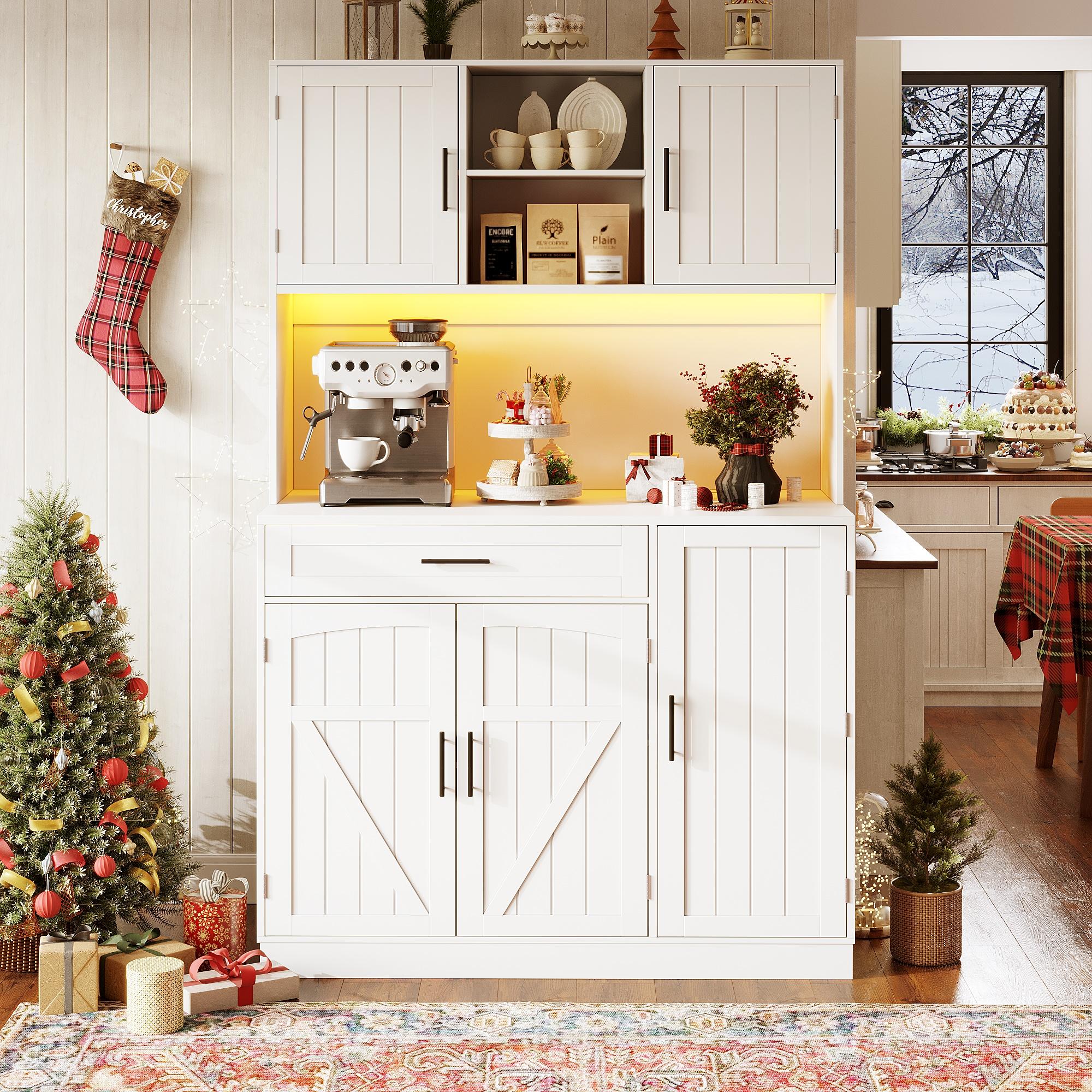 Flieks Küche Hochschrank mit Led und Ladefunktion, Küchenbuffet Buffetständer mit Schublade und Regal, Buffetschrank 110x38x180cm, Weiß