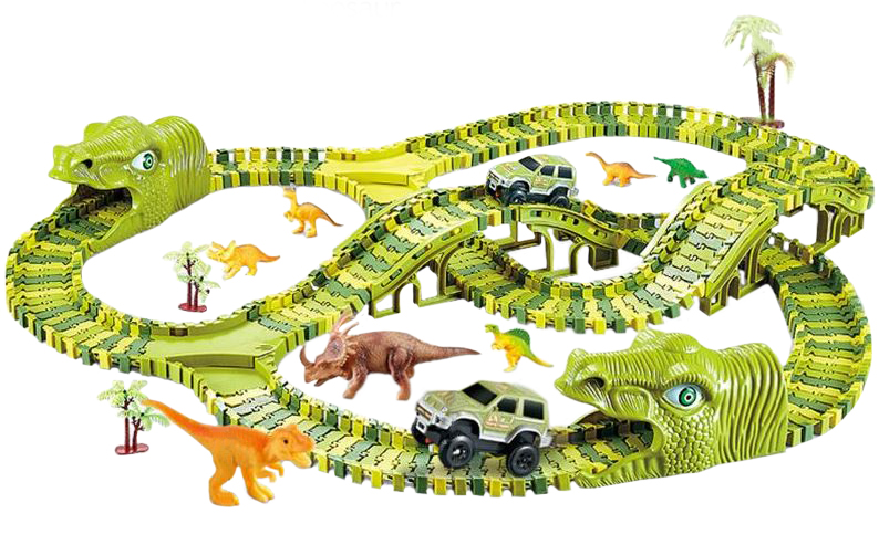 Dinosaurier Rennstrecke Set mit 240 STK.Gleisblöcke 1 Auto Autorennbahn für Kind 