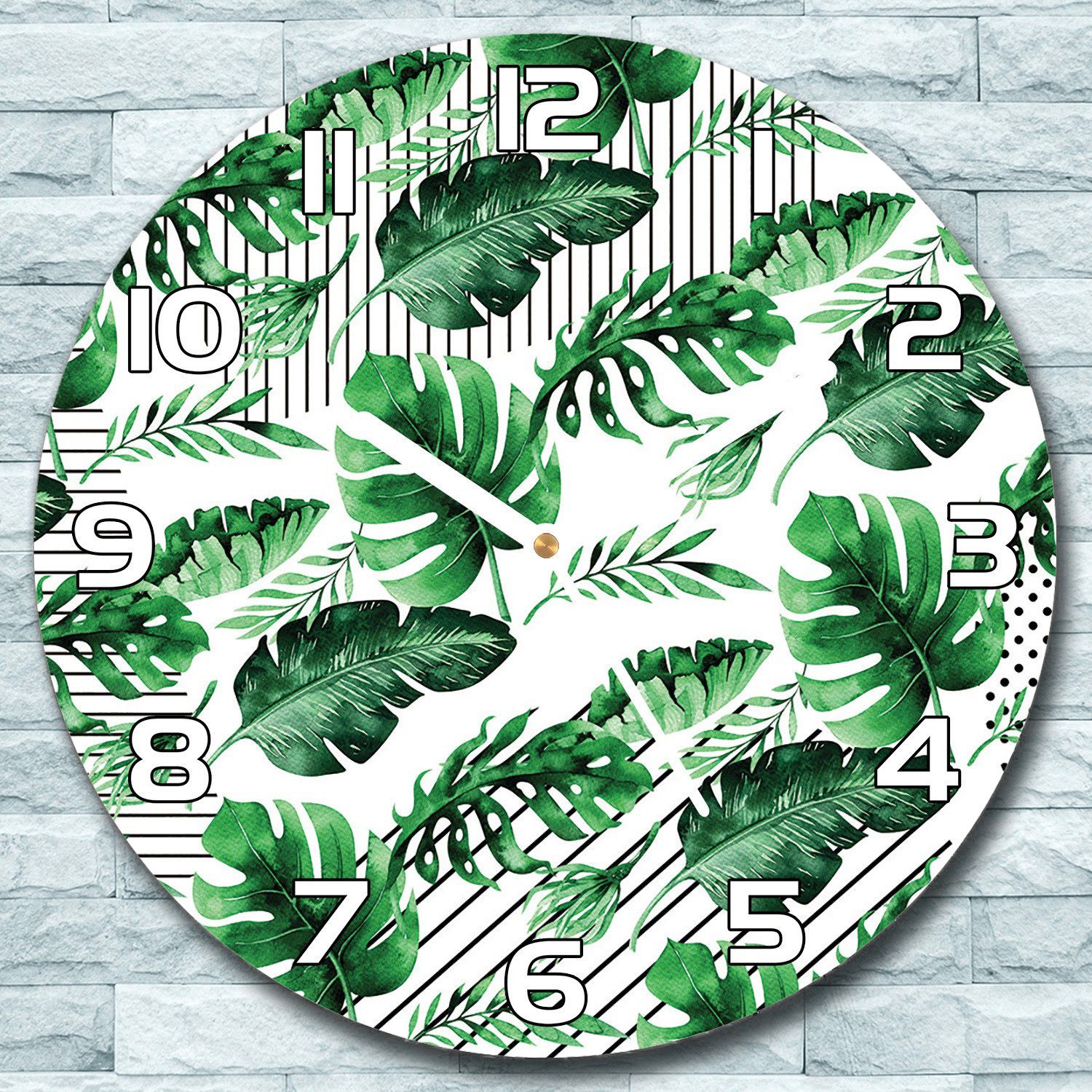 coloray Wanduhr aus Glas Rund fi 30 Fallende Blätter auf Streifen Deko Schlafzimmer Büro zso-white-f30-lenarte-141
