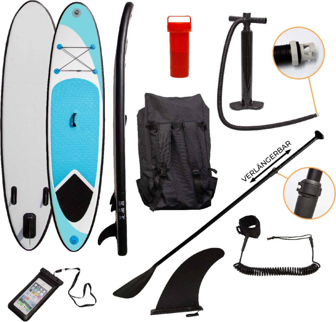 Súprava nafukovacieho paddleboardu v modrej farbe, 307 cm, surfová doska SUP, nízka hmotnosť 6,75 kg, vodné športy, protisklzová taška na prenášanie, ručná pumpa, elastický remienok na členok, 3 plutvy, vodotesné puzdro na mobil