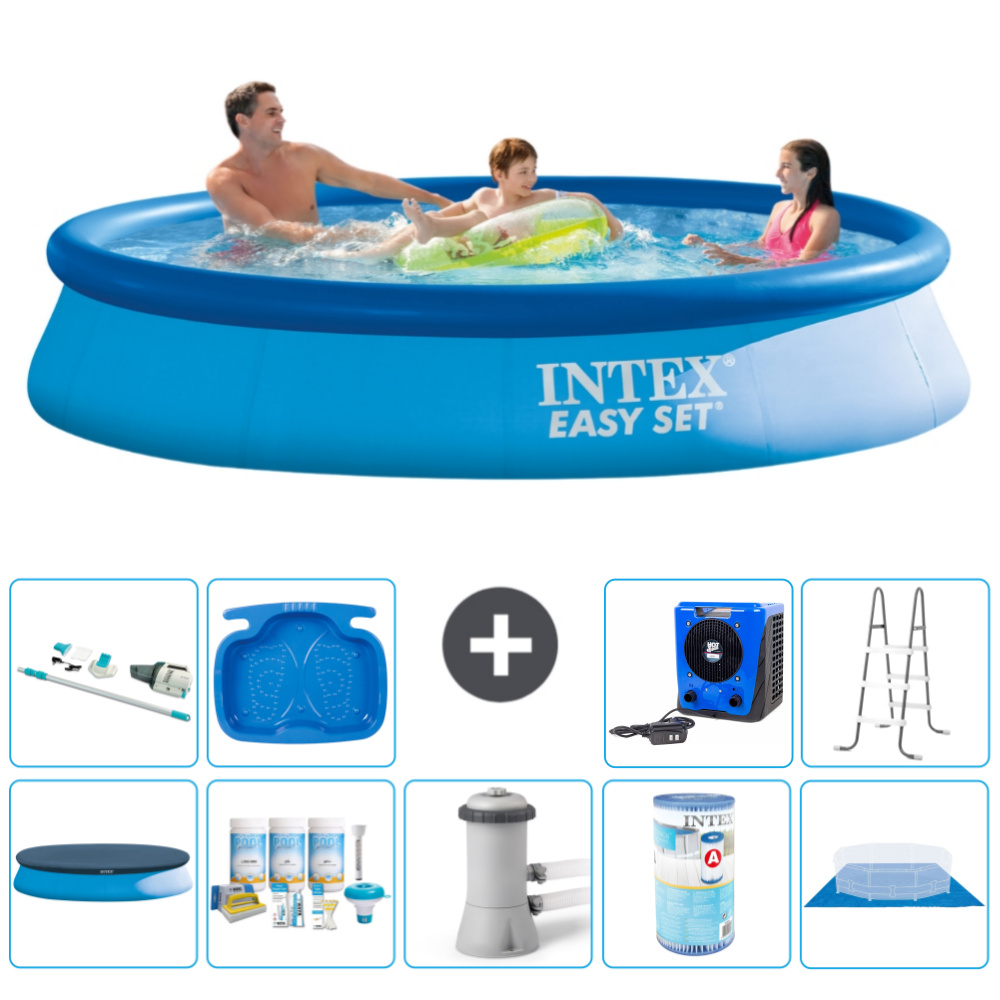 Intex okrúhly nafukovací bazén Easy-Set - 366 x 76 cm - modrý - vrátane krytu - balík na údržbu - filtračné čerpadlo pre bazén - filter - podložka - vysávač