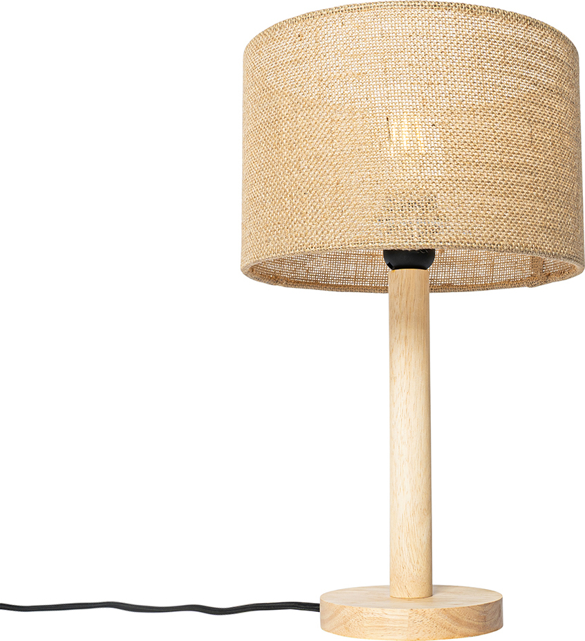 QAZQA - Landhaus I Vintage Ländliche Tischlampe Holz mit Leinenschirm natur 25 cm - Mels I Wohnzimmer I Schlafzimmer - Länglich - LED geeignet E27 105723