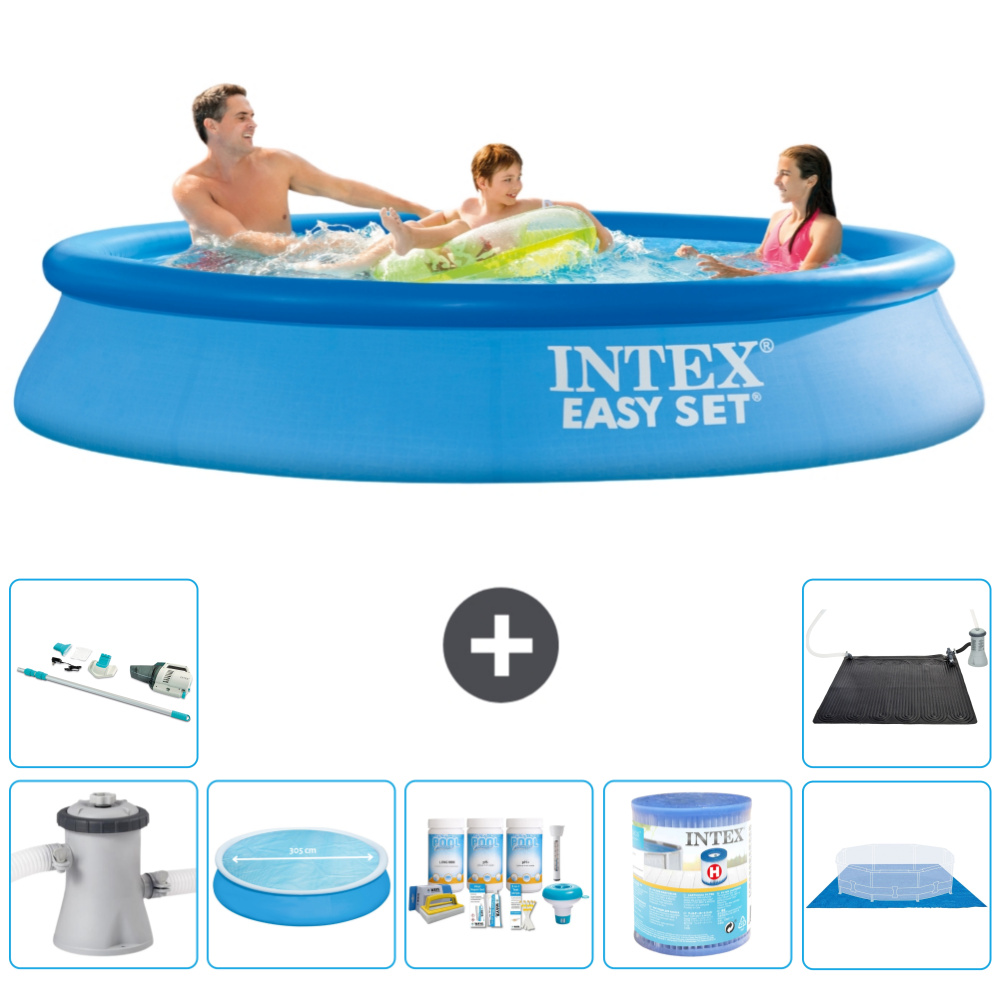 Okrúhly nafukovací bazén Intex Easy Set - 305 x 61 cm - modrý - vrátane markízy s čerpadlom - balík na údržbu - filter - podložka - vysávač - solárna podložka