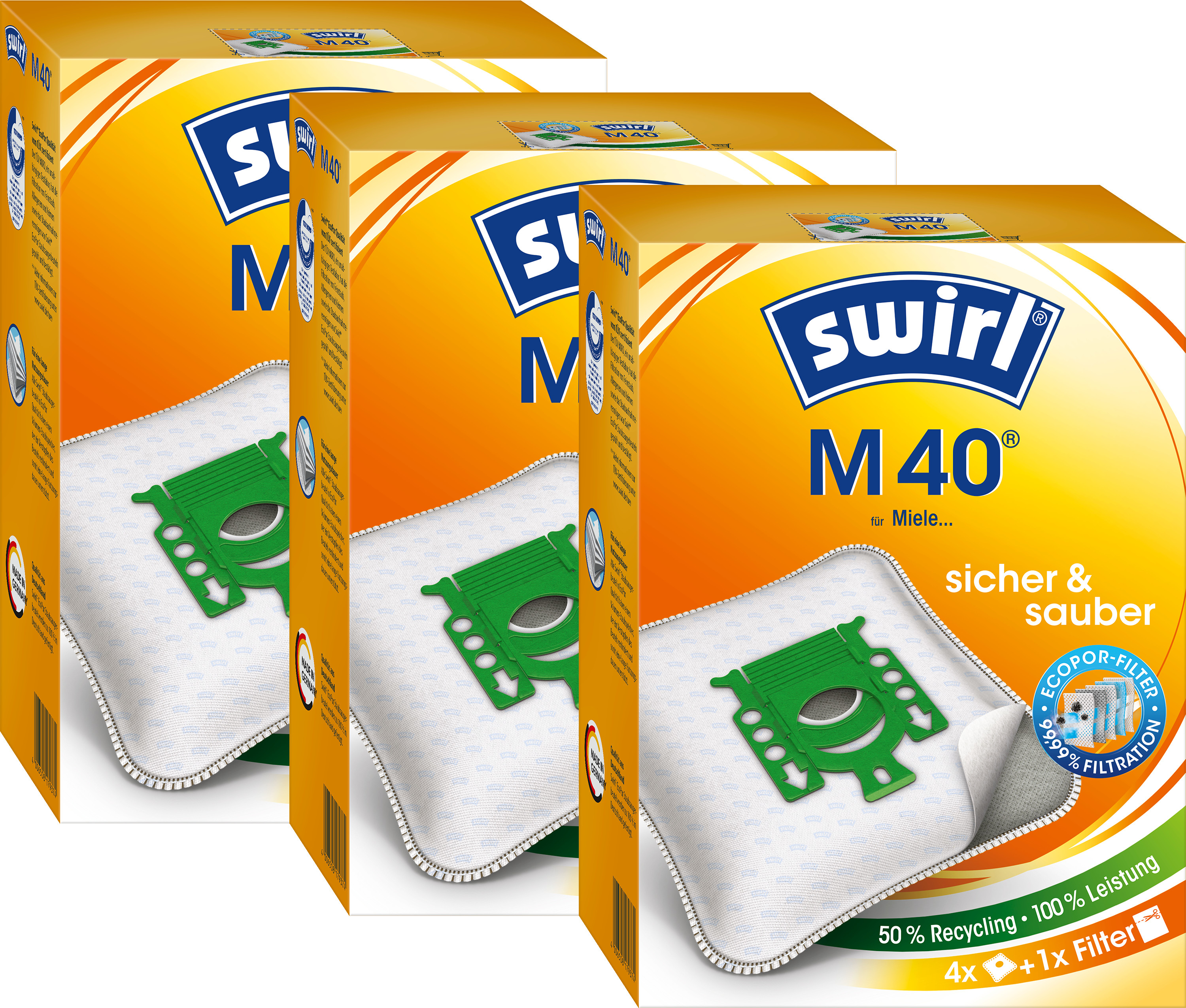 Melitta SWIRL Staubsaugerbeutel M 40 EcoPor für Miele 3er-Pack 12 Beutel 3 Airfilter M40
