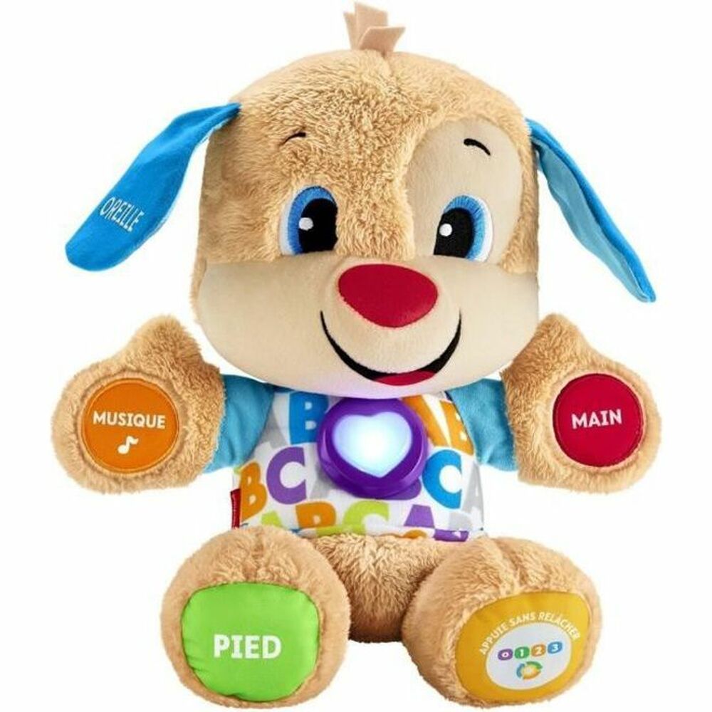 Fisher-Price Lernspaß-Hündchen mit drei Stufen | sprechendes Kuscheltier mit Musik als Kinderspielzeug und Baby Spielzeug | Interaktiver Teddybär, Version: Französisch, FPM44 4583161