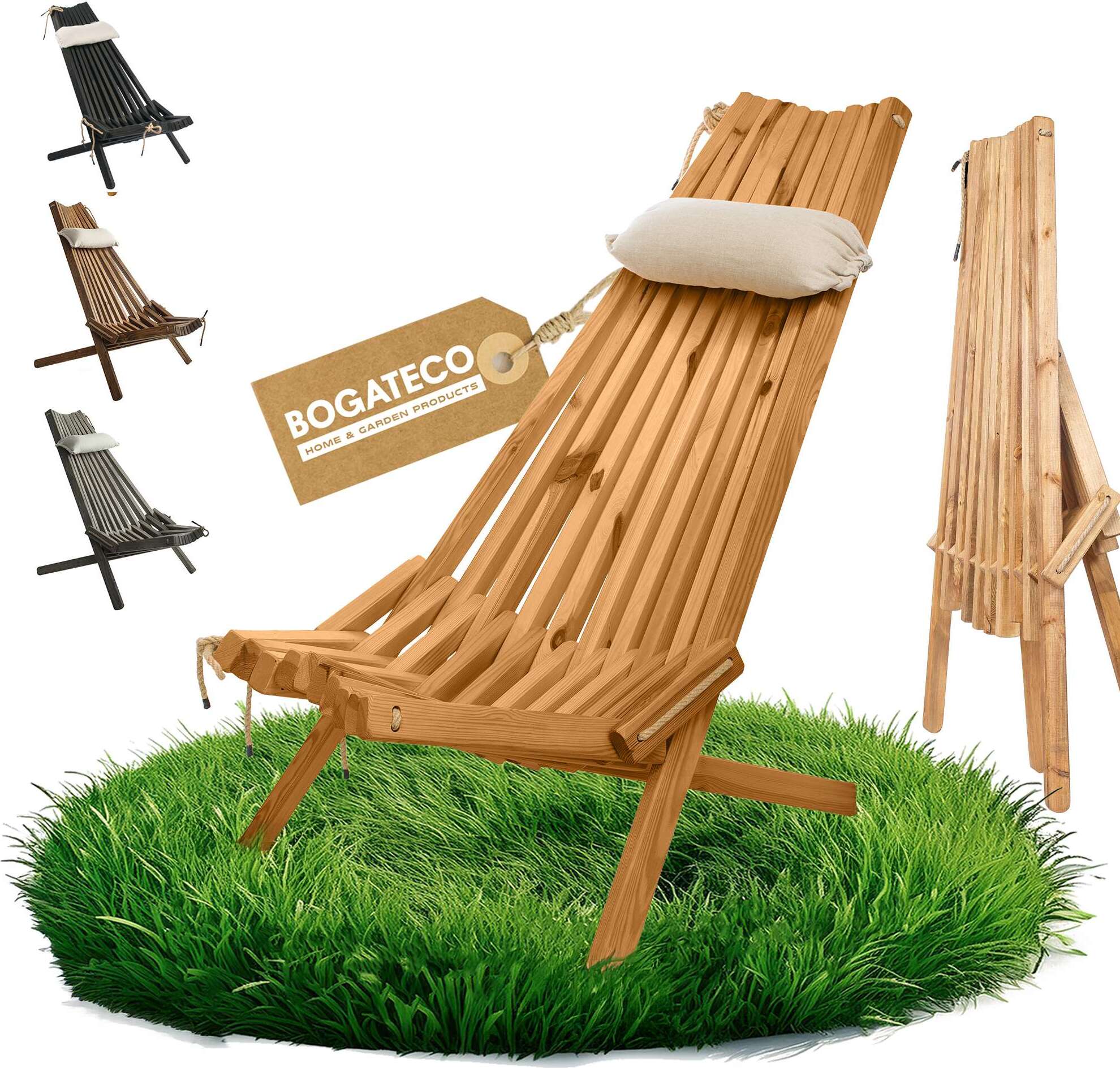 BOGATECO Klappbarer Gartenstuhl aus Holz mit dem Kopfkissen | 100 x 55 x 30 cm | Rckenlnge 90 cm | Sonnenliege | Braun
