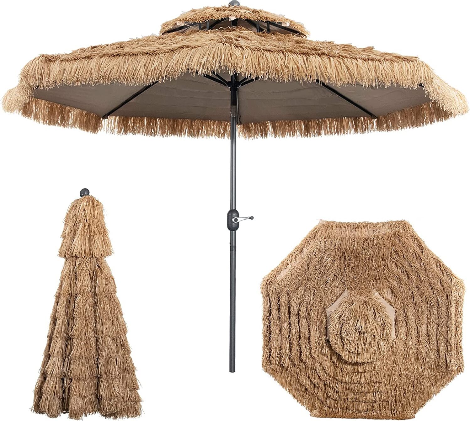 KOMFOTTEU Hawaii Sonnenschirm 283cm - Tropischer Strohschirm Mit Kurbel Für Garten & Strand