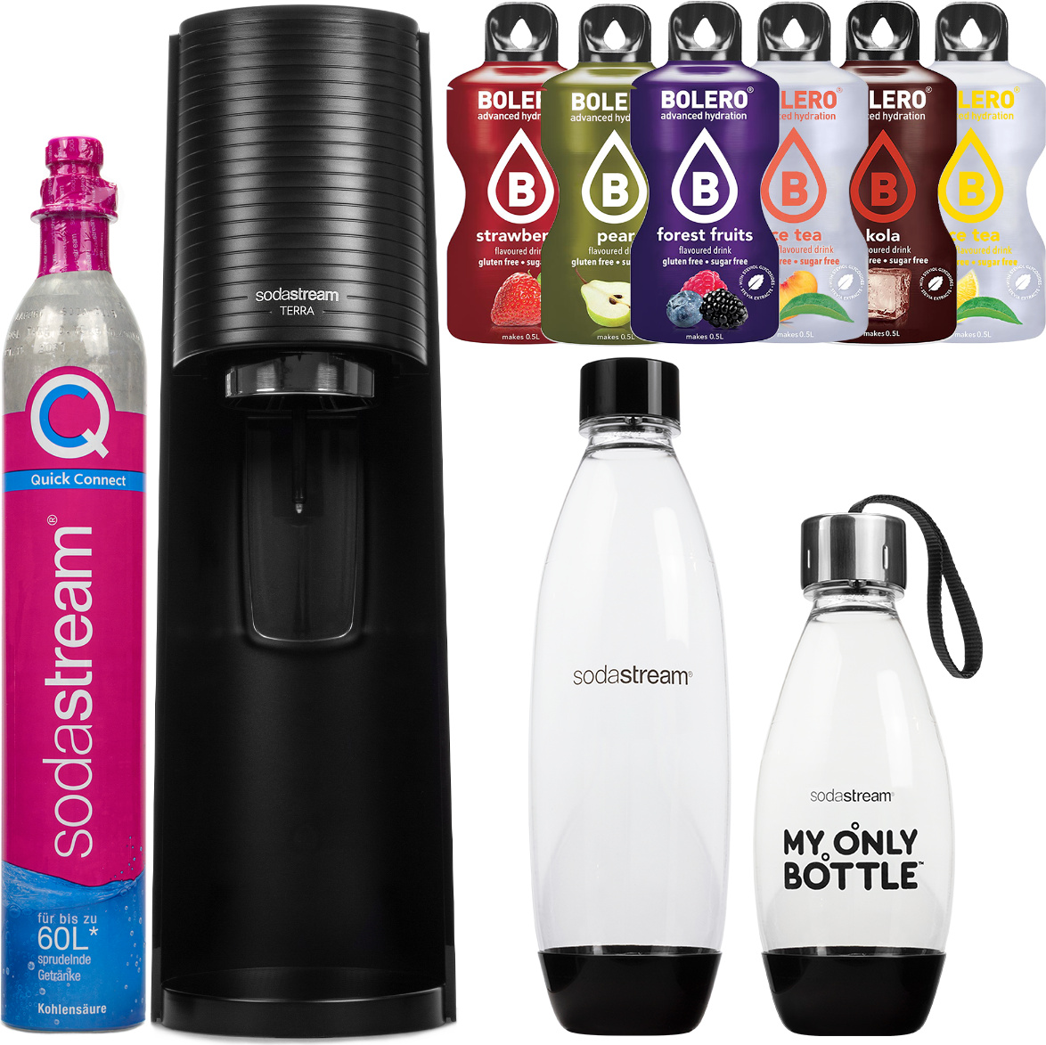 SodaStream Terra čierna 2 Flaše bombička CO2 + 6 nápojov