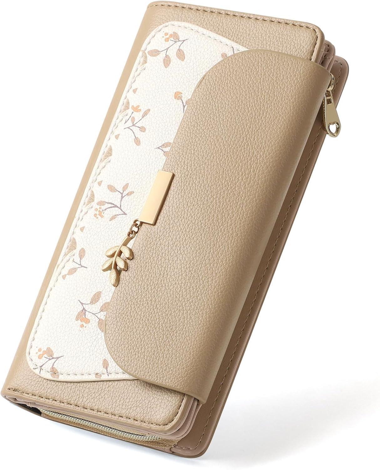 RRANCharltu Geldbörse Damen groß aus Kunstleder mit RFID-Schutz, viele Fächer, Reißverschluss-Münzfach, Karten- & Ausweisfächer, elegantes Blumen Design