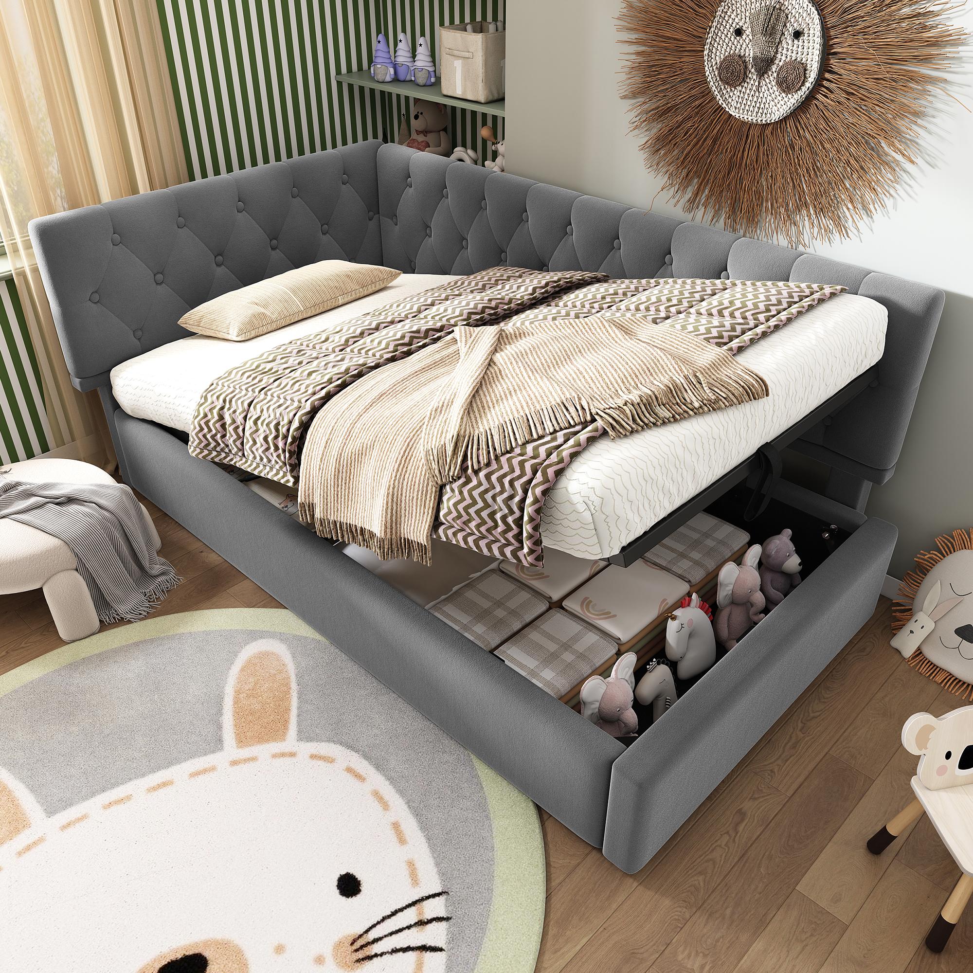 NNJN Letto imbottito 90 x 200 cm con luci a LED, 2 cassetti, imbottitura in lino delicata sulla pelle, letto singolo, letto per ragazzi (grigio