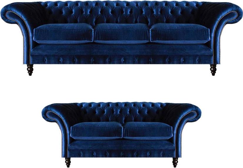Wohnzimmer 2tlg Dreisitzer Sofa Blau Zweisitzer Sofas Einrichtung Chesterfield