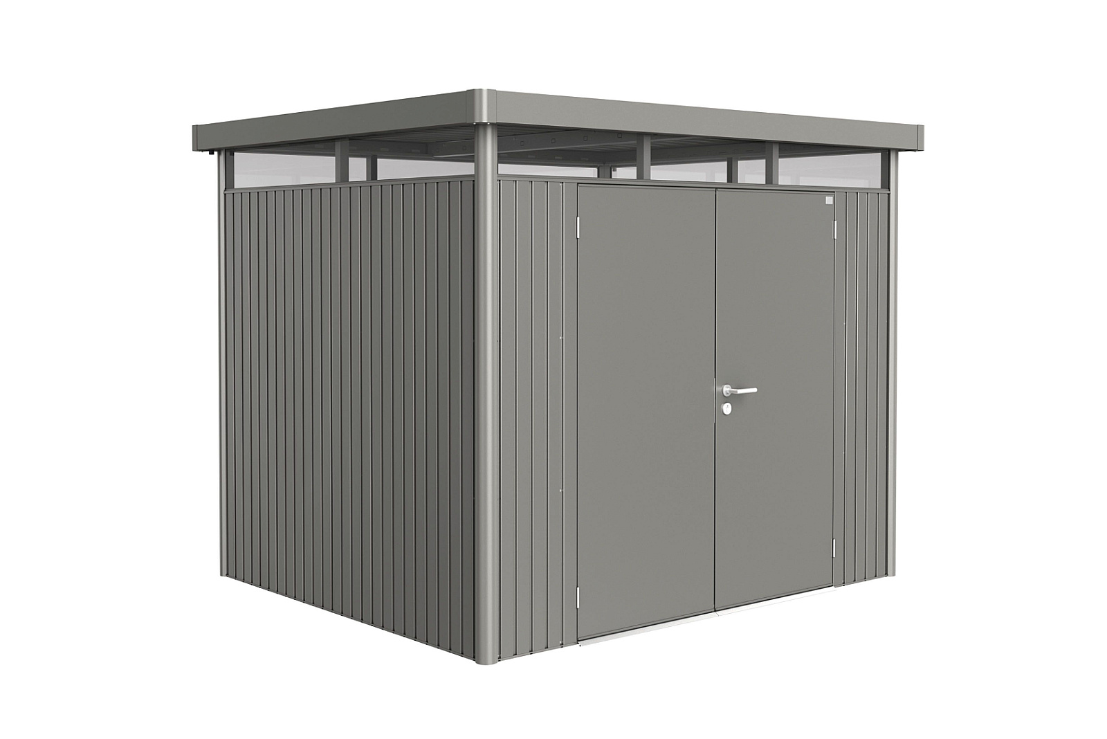Plechový záhradný domček Biohort HighLine H3 dvojkrídlové dvere 254x214 cm sivý kremeň metalický