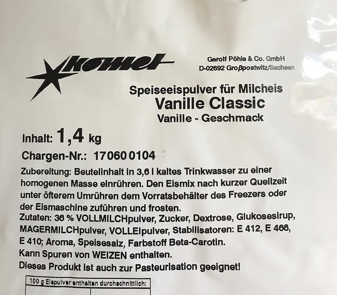 Komet Vanille 1,4 Kg Eispulver Softeispulver Speiseeispulver Eismaschine