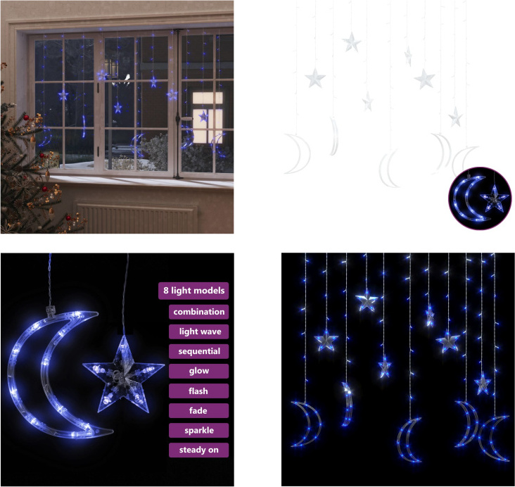 vidaXL Lichterketten Stern und Mond Fernbedienung 138 LED Blau - Lichterkette - Lichterketten - Sternenlicht - Sternenlichter HL328796