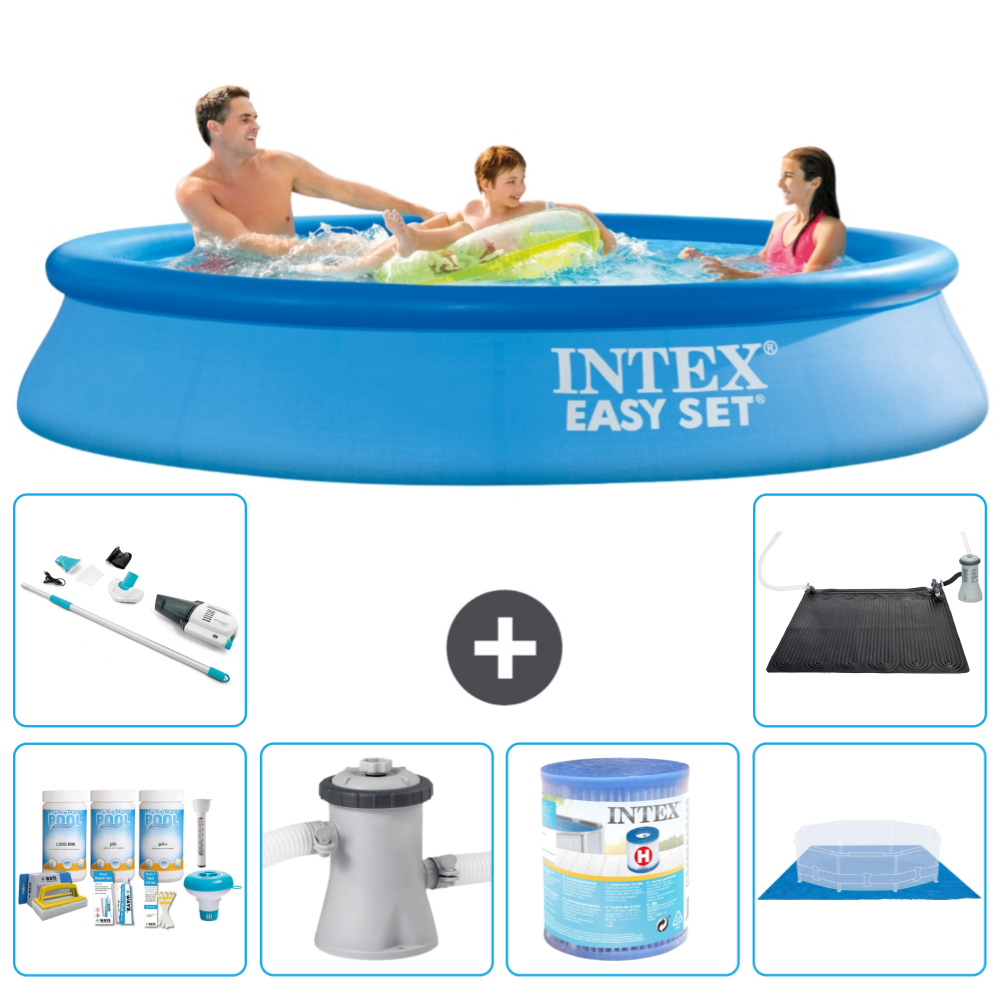 Okrúhly nafukovací bazén Intex Easy Set - 305 x 61 cm - modrý - obsahuje balík na údržbu - filtračné čerpadlo pre bazén - filter - podložka - vysávač - solárna podložka