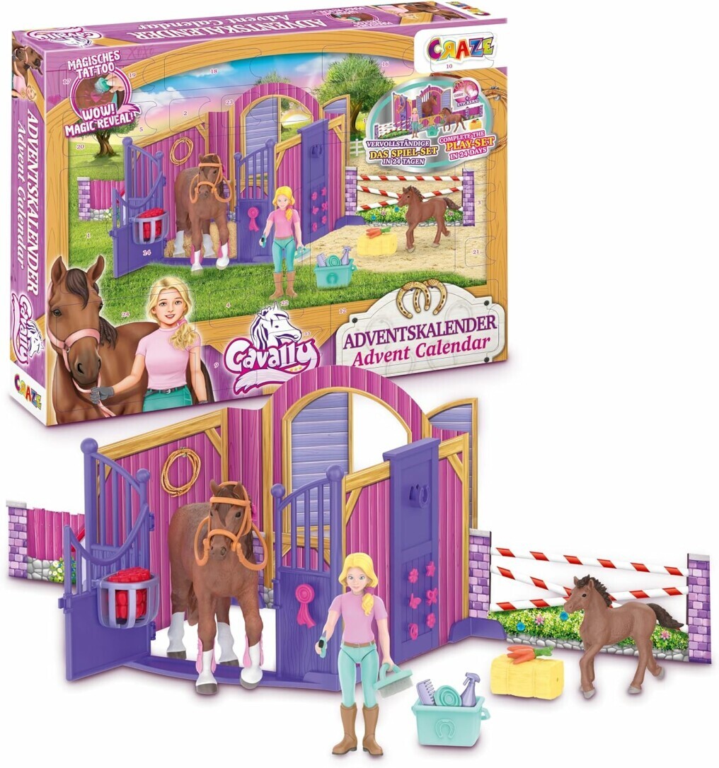 CRAZE CAVALLY Adventný kalendár pre deti - Hračka na koňa adventný kalendár dievča, figúrka koňa s jazdcom a množstvom doplnkov