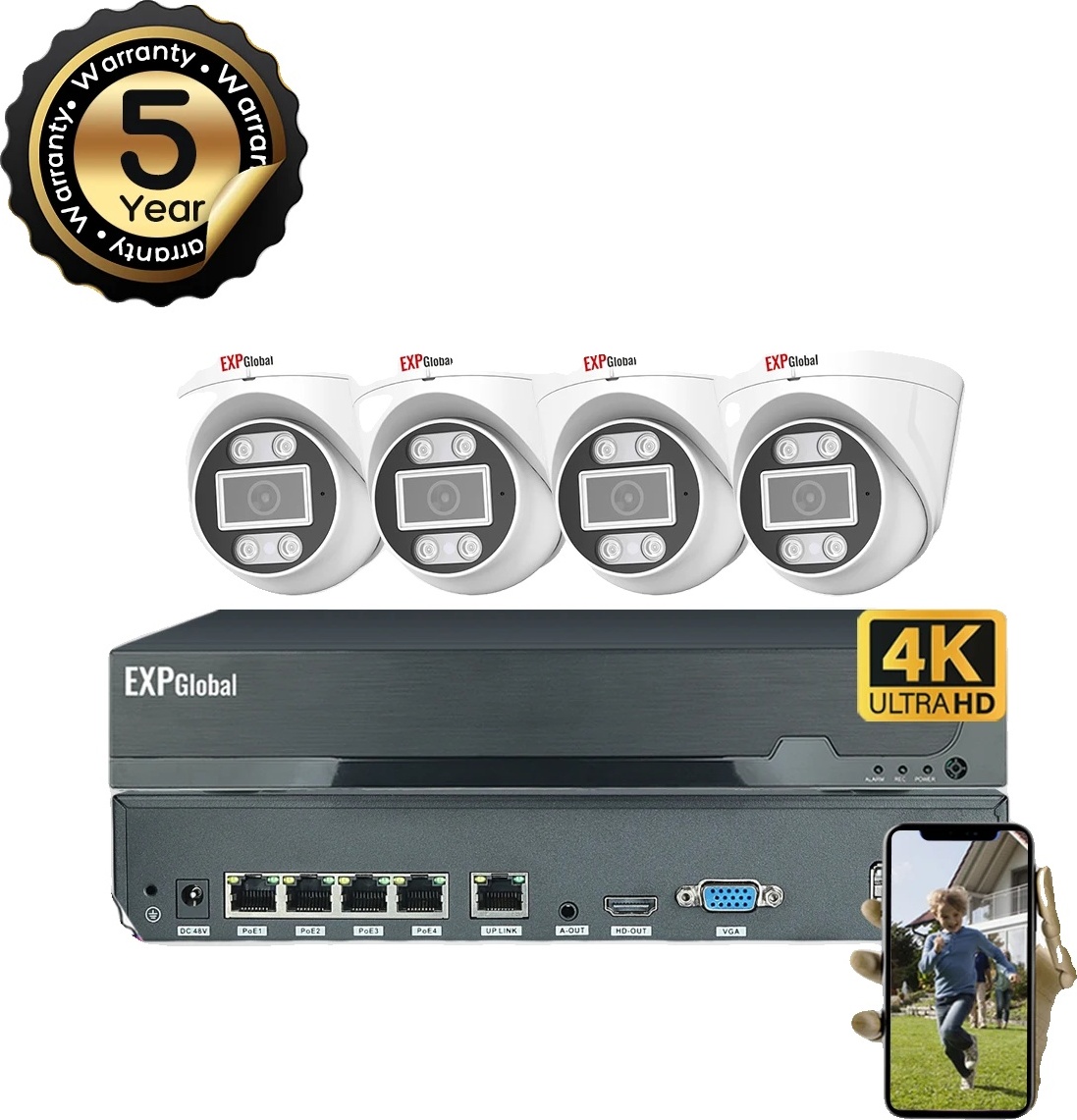 5MP POE kamerový systém CCTV, 4-kanálový video vstup, infračervené nočné videnie, 4CH 4 kopulové kamery, 1T
