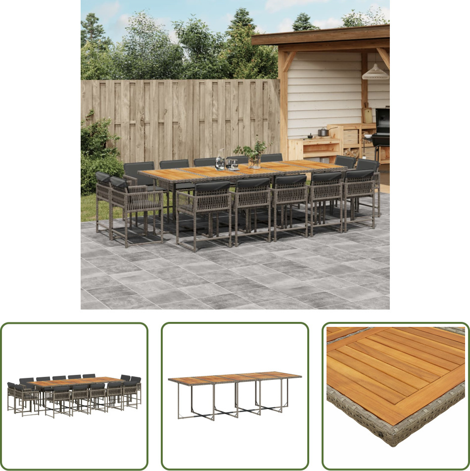 The Living Store 15-dielny záhradný jedálenský set s vankúšmi sivý polyratan