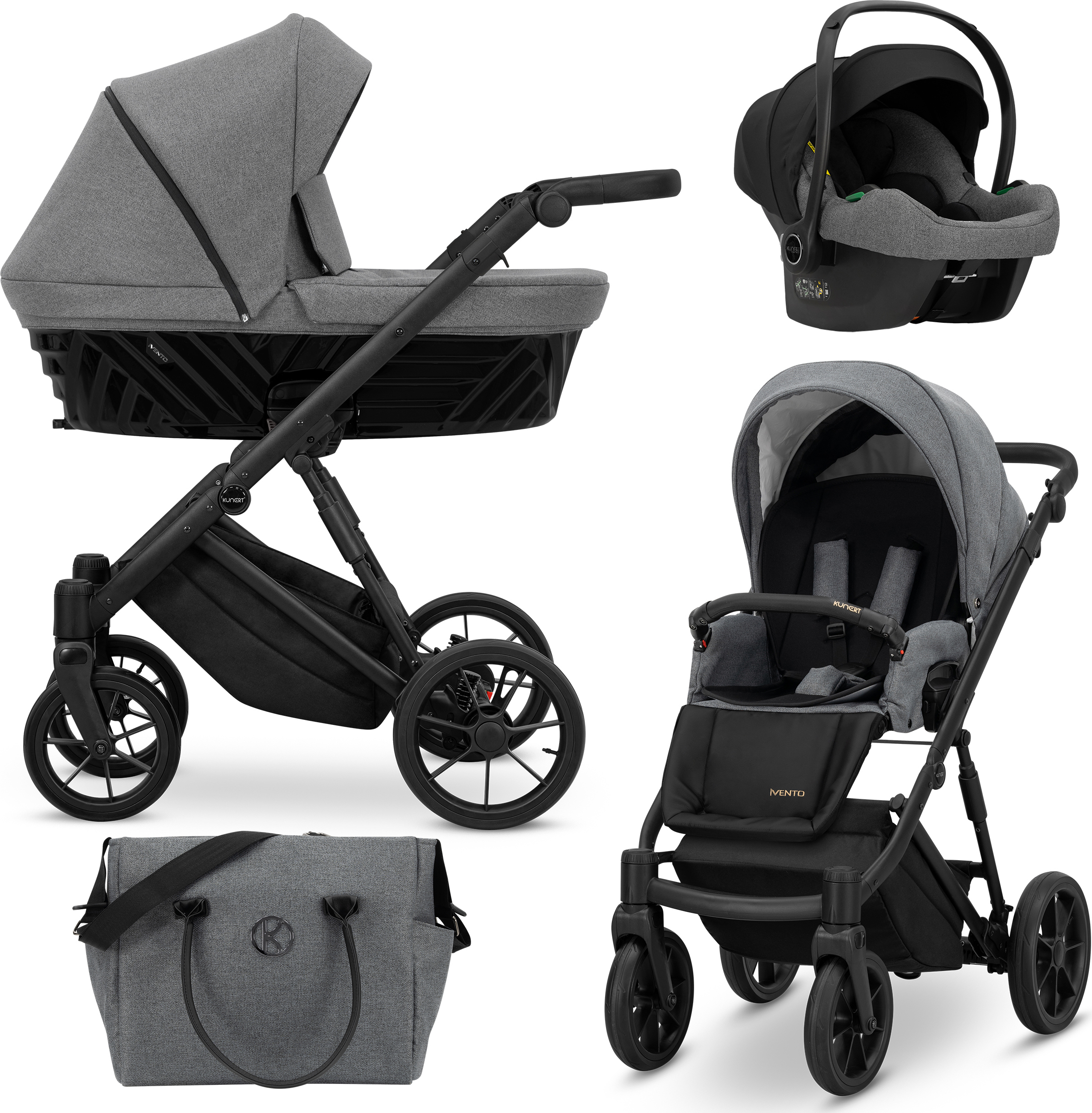 Kunert Kinderwagen IVENTO Sportwagen Babywagen Babyschale Komplettset Kinder Wagen Autositz Set 3 in 1 (Deep Graphite, Rahmenfarbe: Schwarz)
