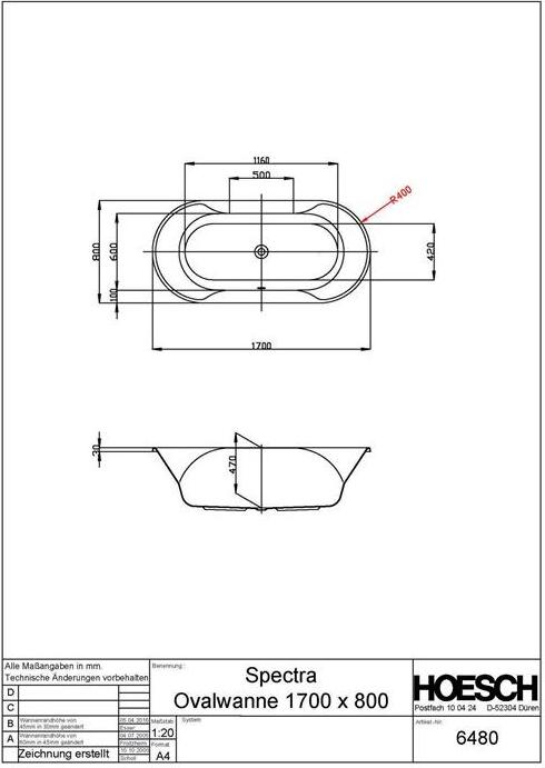 Hoesch Spectra Ovalbadewanne 1700 x 800 mm weiß - 6480.010