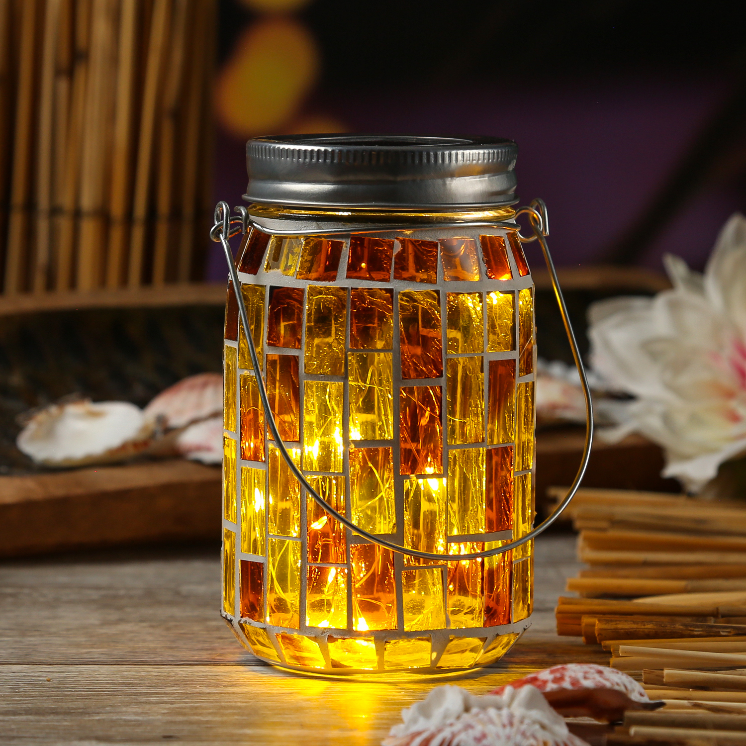 MARELIDA LED Solar Glas - Einmachglas mit Mosaiksteinchen - mit Henkel - H: 13,5cm - Lichtsensor - gelb [327]895015-1-gelb