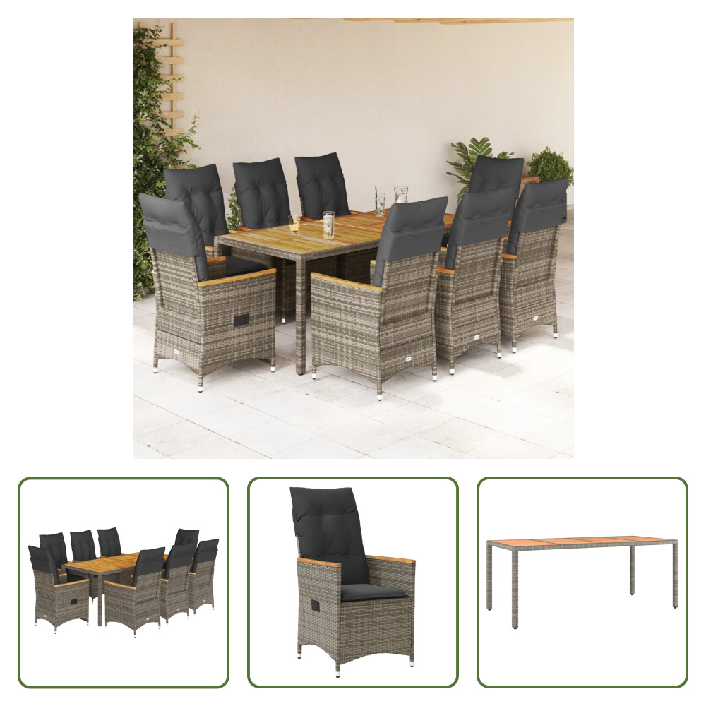 The Living Store 9-dielny záhradný jedálenský set s vankúšmi sivý polyratan