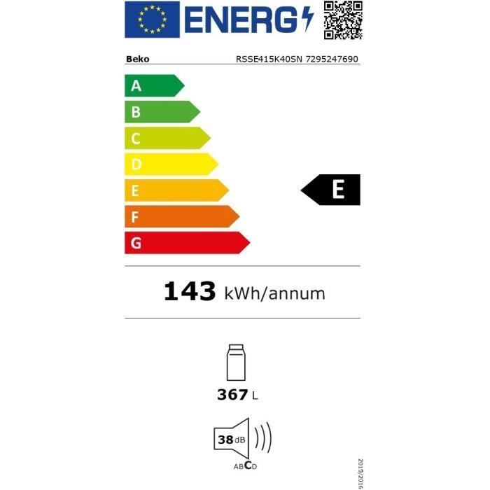 Beko RSSE415K40SN, 367 l, SN-T, 38 dB, E, Grau