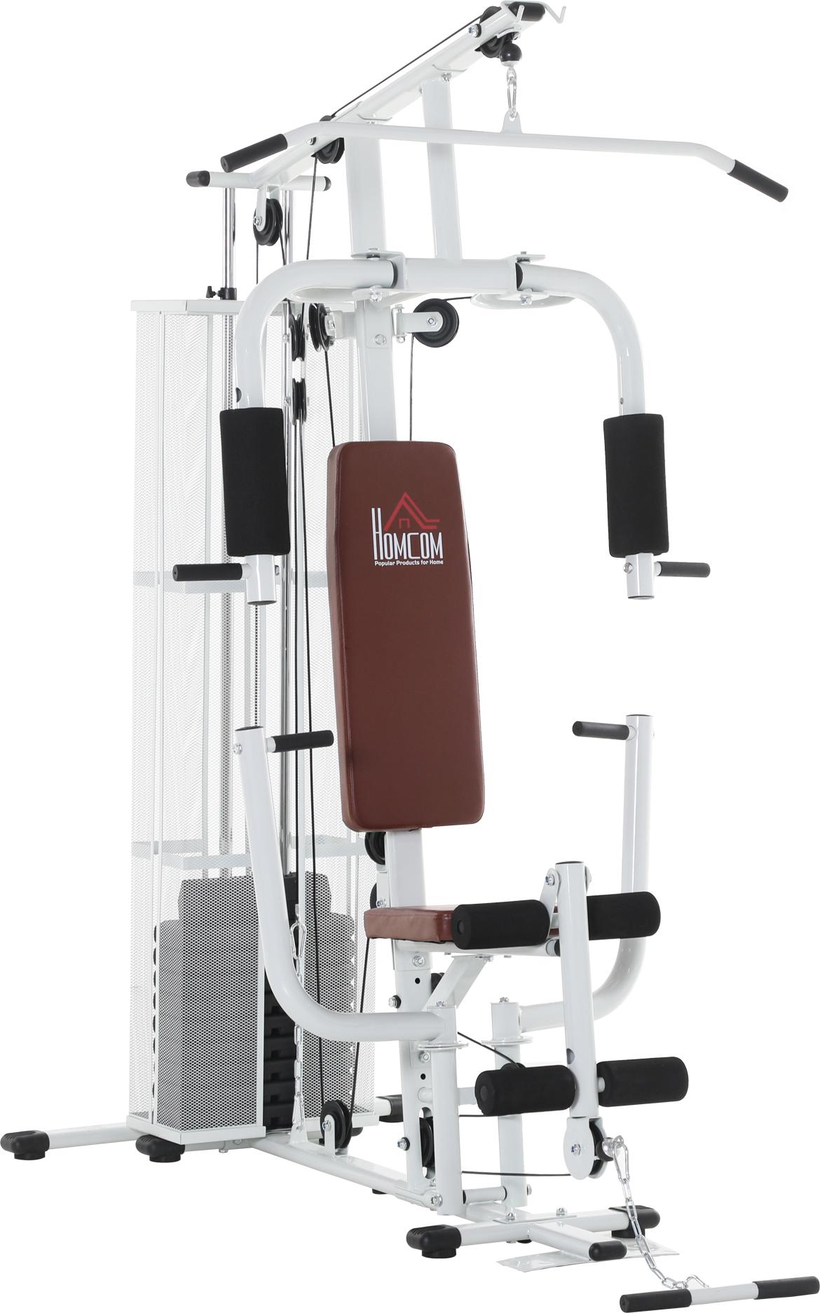 Dopwii Gym Kraftstation Fitnessstation Multigym Fitnesscenter Fitnessgerät inkl. Gewichten Latzug Beincurl Metall PolyurethanKunstleder Weiß 150 x 110 x 210 cm KAUF-TRAD-A91-134-002