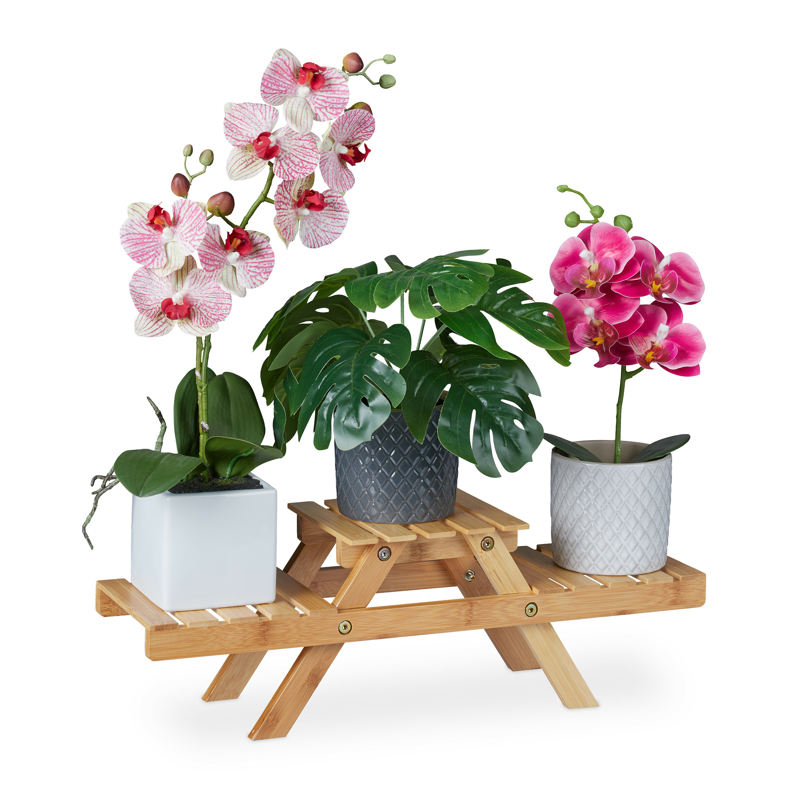 Relaxdays Blumentreppe aus Bambus mit 3 Etagen klappbar Blumenregal natur Holz 