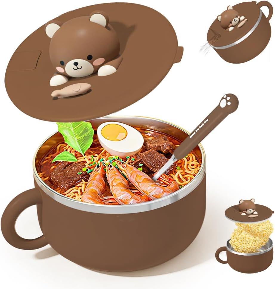 Merkloos Rührschüssel CEWROM Ramen-Schüssel mit Deckel, 1200 ml, Instant-Nudelschüssel mit Deckel und Löffel, Ramen-Schalen, Suppenschüssel aus 304 Edelstahl,