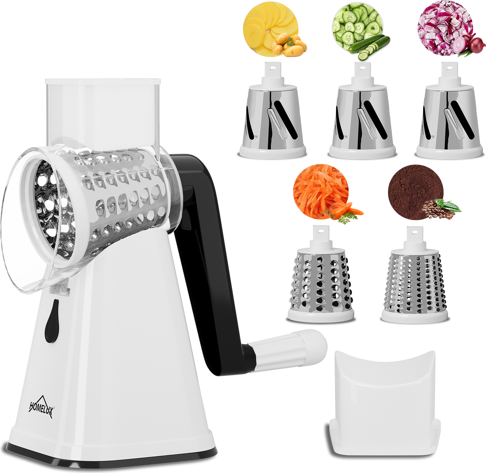 HOMELUX Trommelreibe, 3-in-1 Gemüseschneider, Käsereibe mit Kurbel, Gemüsehobel mit 3 Trommelblättern, Multifunktionsreibe