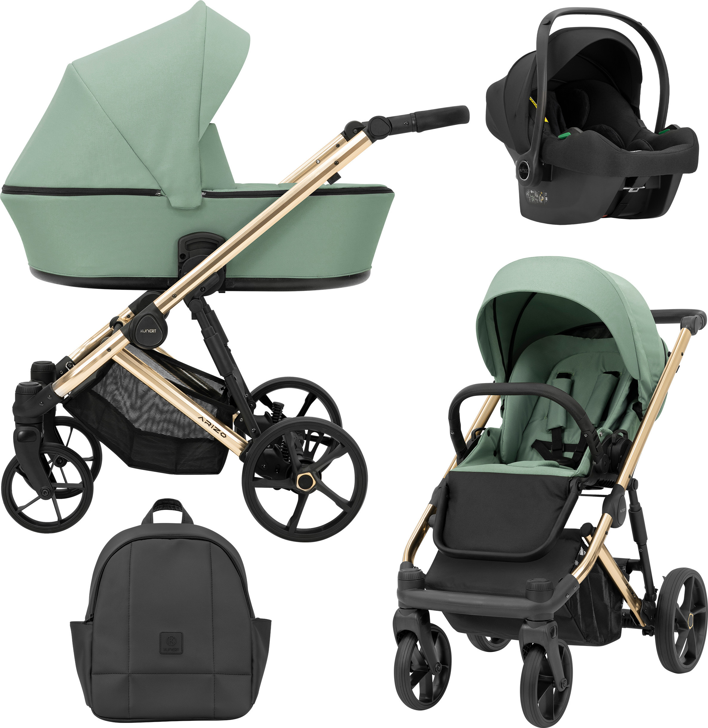 Kunert Kinderwagen ARIZO Sportwagen Babywagen Babyschale Komplettset Kinder Wagen Autositz Set 3 in 1 (Mint, Rahmenfarbe: Gold)