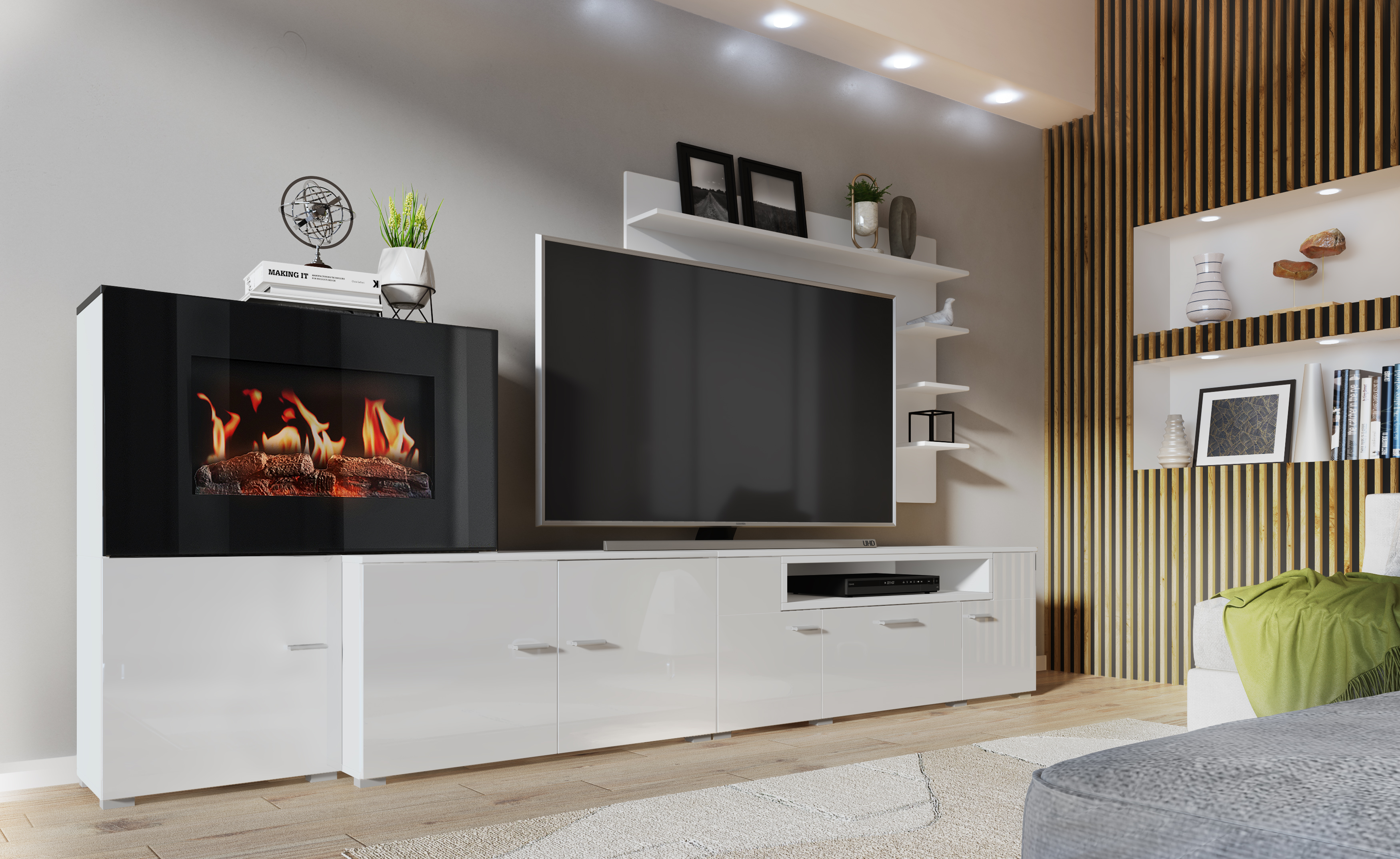 skraut home - wohnmöbel mit elektrischem kamin mit 5 flammenstufen,  oberfläche mattweiß und hochweiß lackiert, maße: 290 x 170 x 45 cm tief