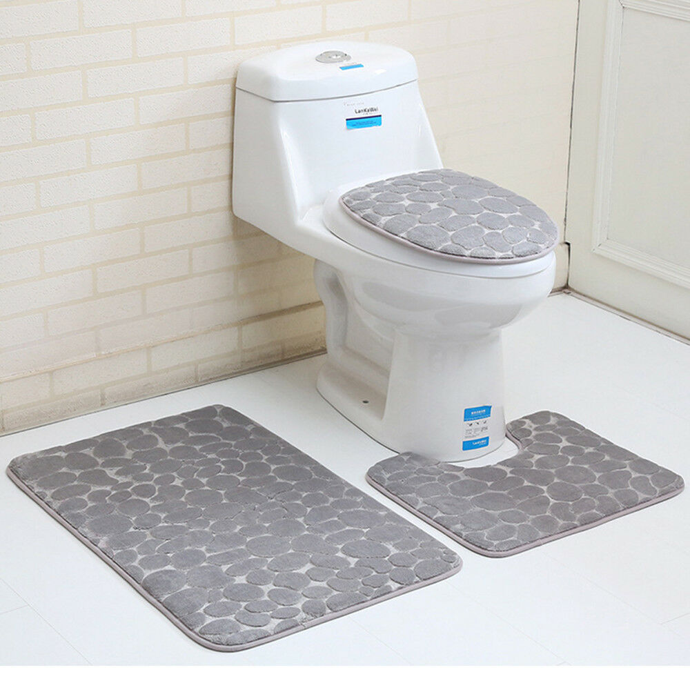 3Teilig Badgarnitur Badezimmer Matte Set Dusch Bade Matte Vorleger Teppich WC 