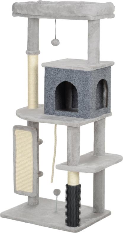 youjia 132 cm Katzenbaum mit Kratzpfosten, Bett, Haus, Sprungplattformen, Pflegebürste, Hellgrau