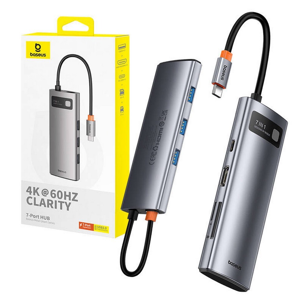 Rozbočovač 7v1 Baseus Gleam, USB-C a 1x HDMI4K 60Hz + 3x USB3.0 + 1x PD + 1x SD/TF (gri)
