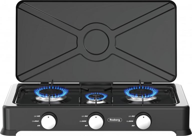 Trojitá plynová varná doska s pokrievkou Rosberg R51454E3, 3x2,2 kWh, 30 mbar, Uhlíková oceľ, Čierna