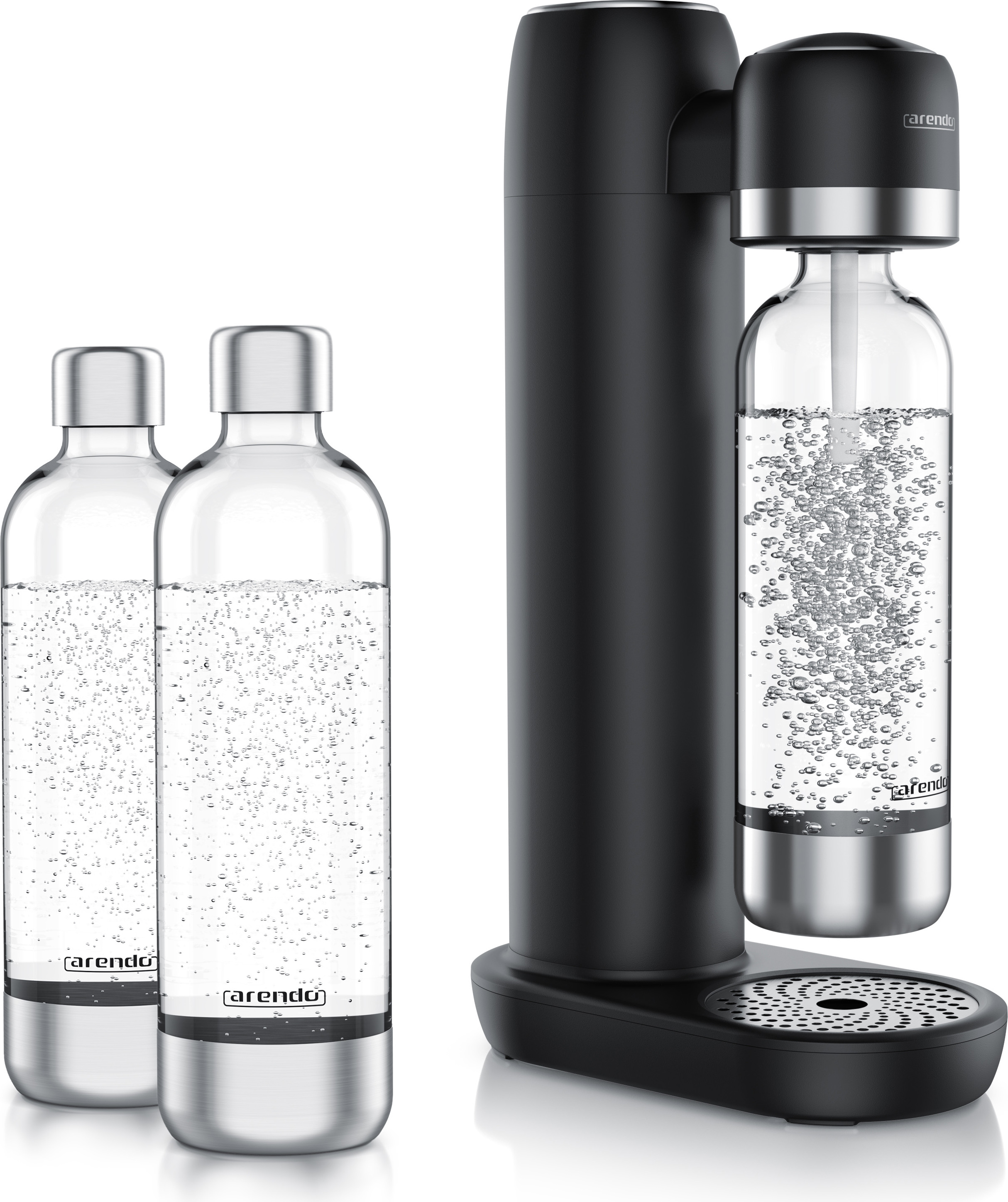 Výrobník perlivej vody Arendo, výrobník sódy, vrátane 3x 1 l PET fľaše, bez BPA, jemné dávkovanie, kompatibilný so 60 l CO2 fľašami, SodaStream Easy/Cool, PET/ABS, čierny